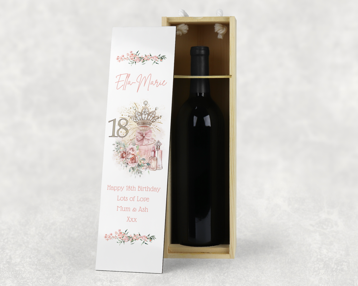 Personalised Wooden Wine Bottle Gift Box - 18th Birthday Crown Design