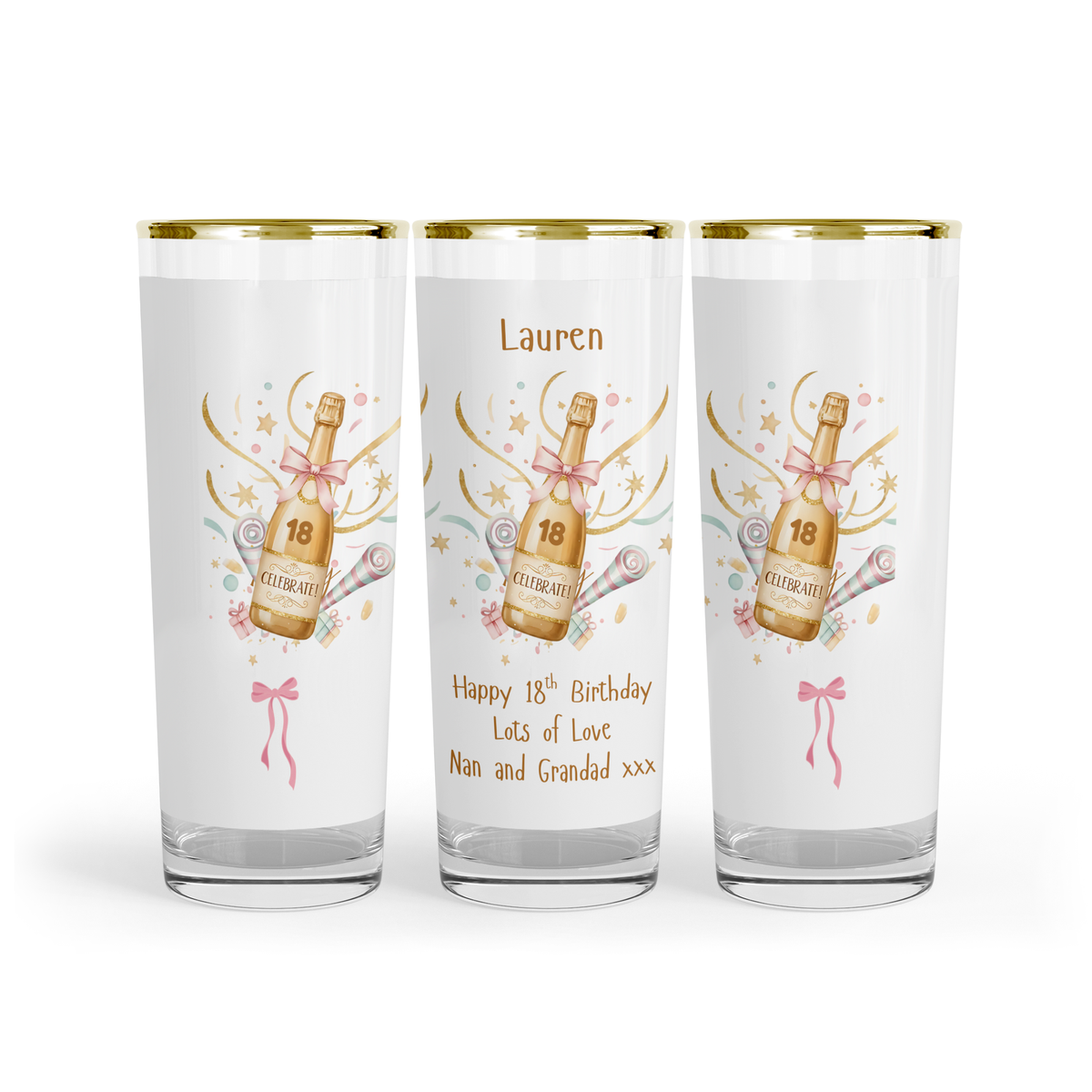 Personalised 18th Birthday Shot Glass (Gold Rimmed) - Celebrate Champagne Bottle