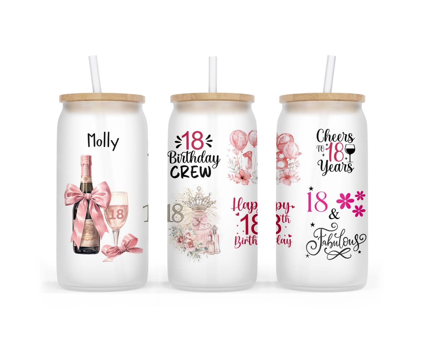 Personalised Frosted Glass Tumbler - 18th Birthday Pink Design