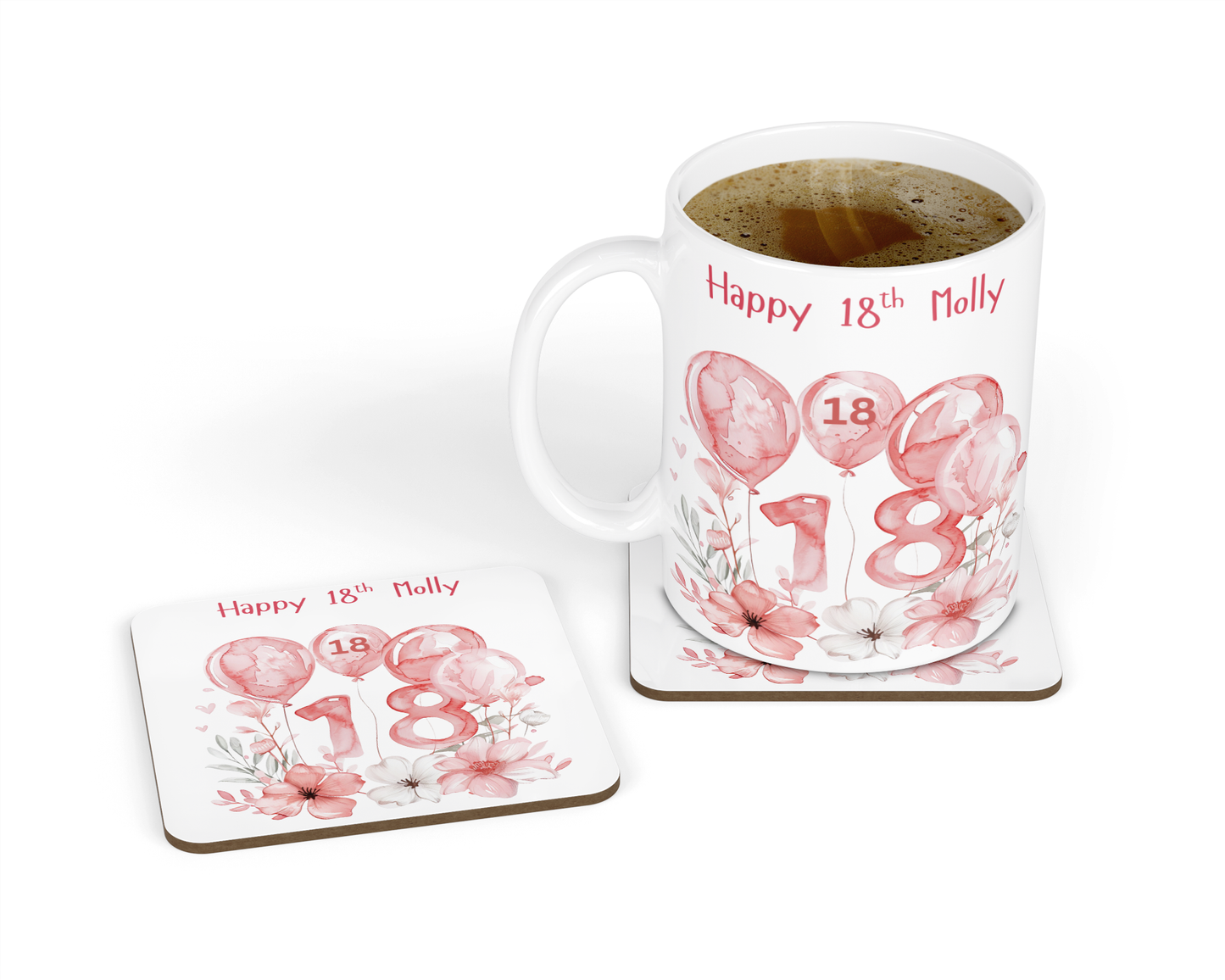 Personalised Mug & Coaster - 18th Birthday Pink Balloons Design