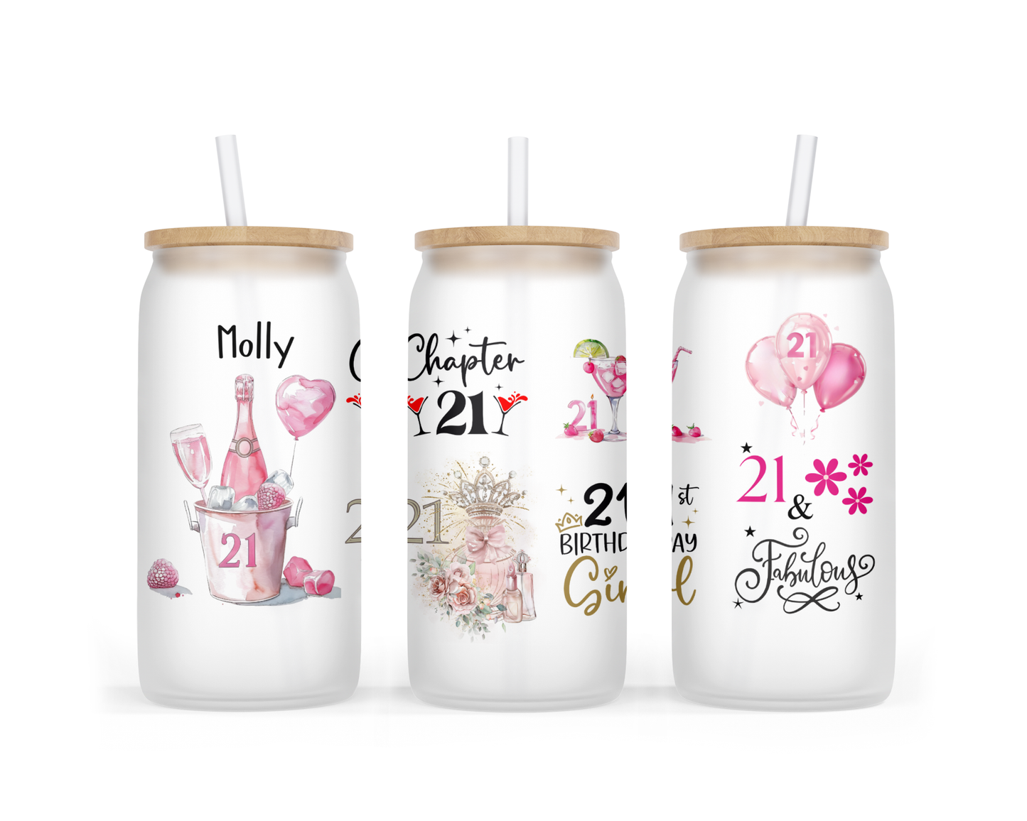 Personalised Frosted Glass Tumbler - 21st Birthday Pink Design