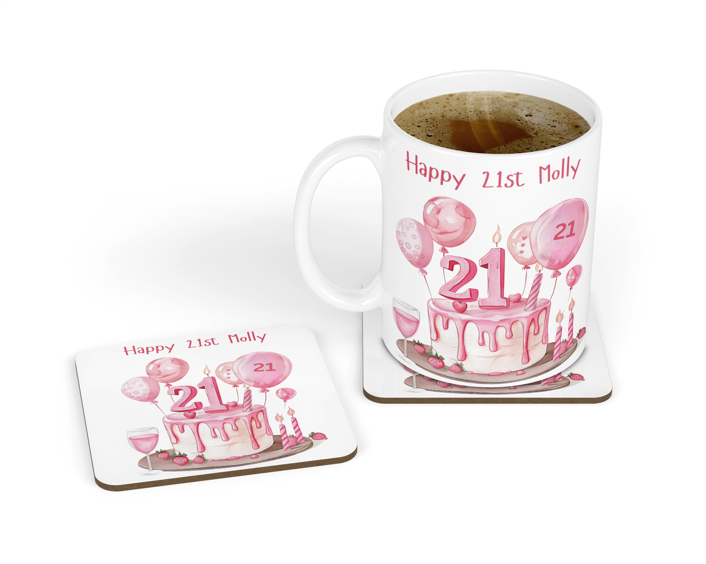 Personalised Mug & Coaster - 21st Birthday Pink Balloons Design