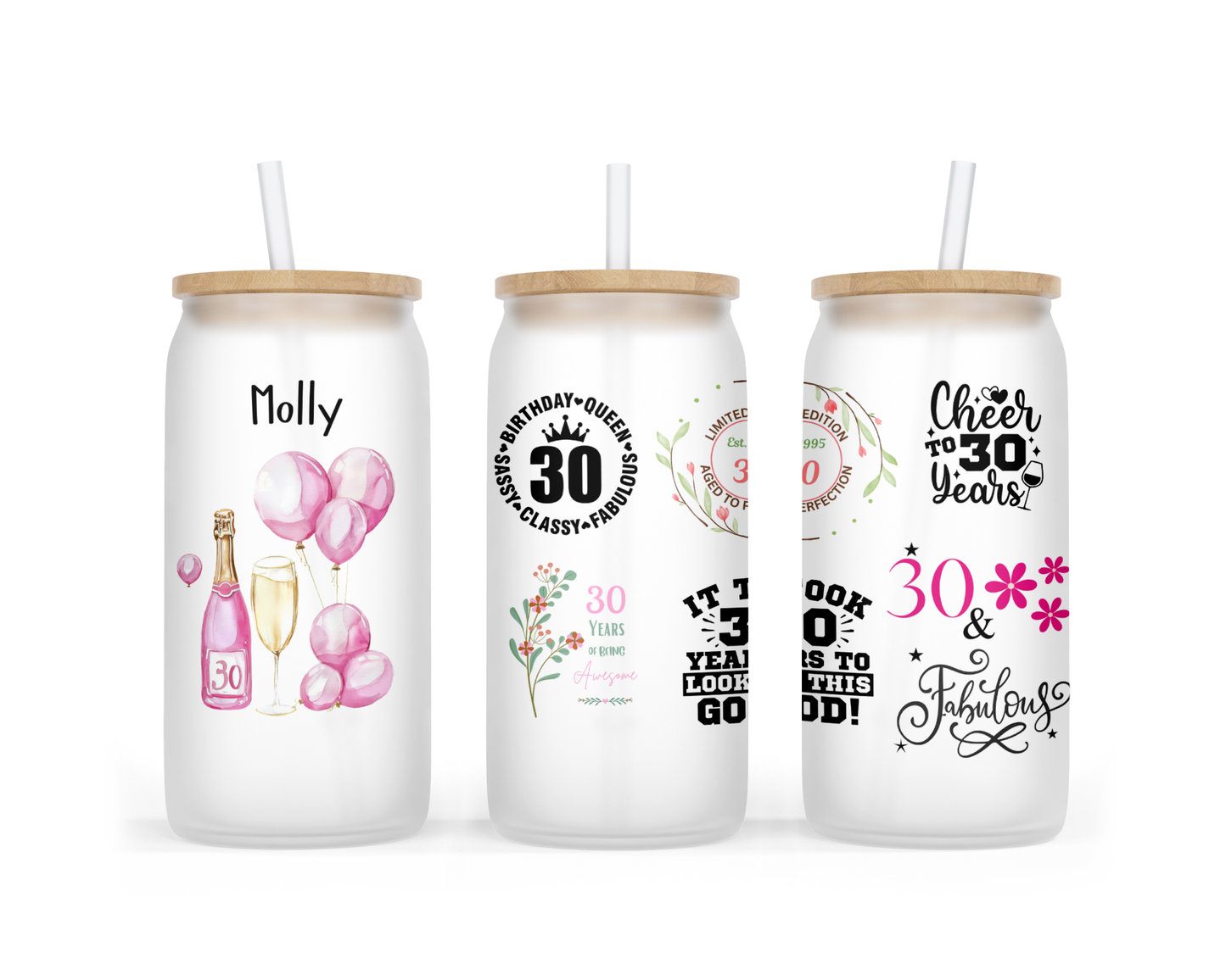 Personalised Frosted Glass Tumbler - 30th Birthday Pink Design