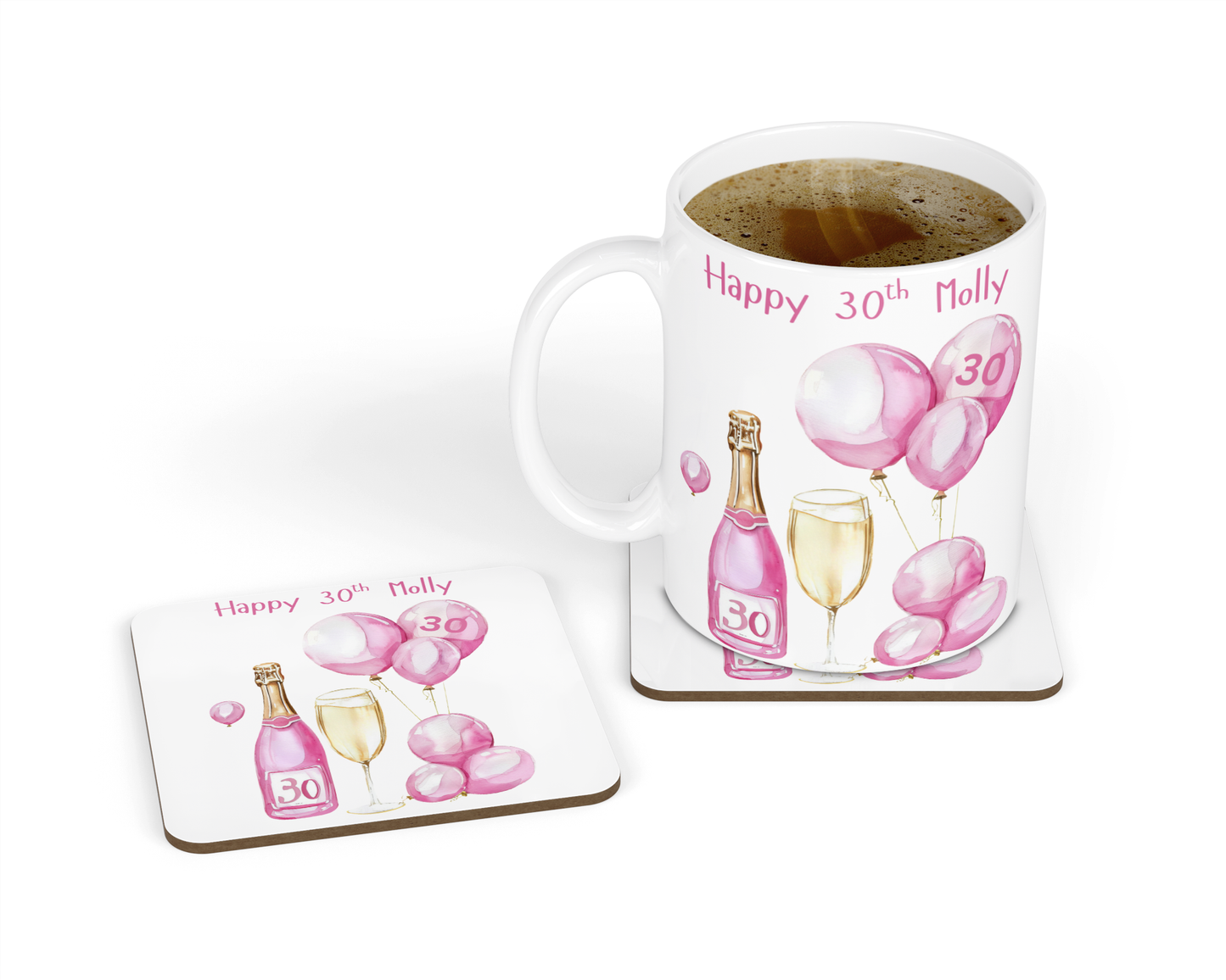 Personalised Mug & Coaster - 30th Birthday Pink Balloons Design