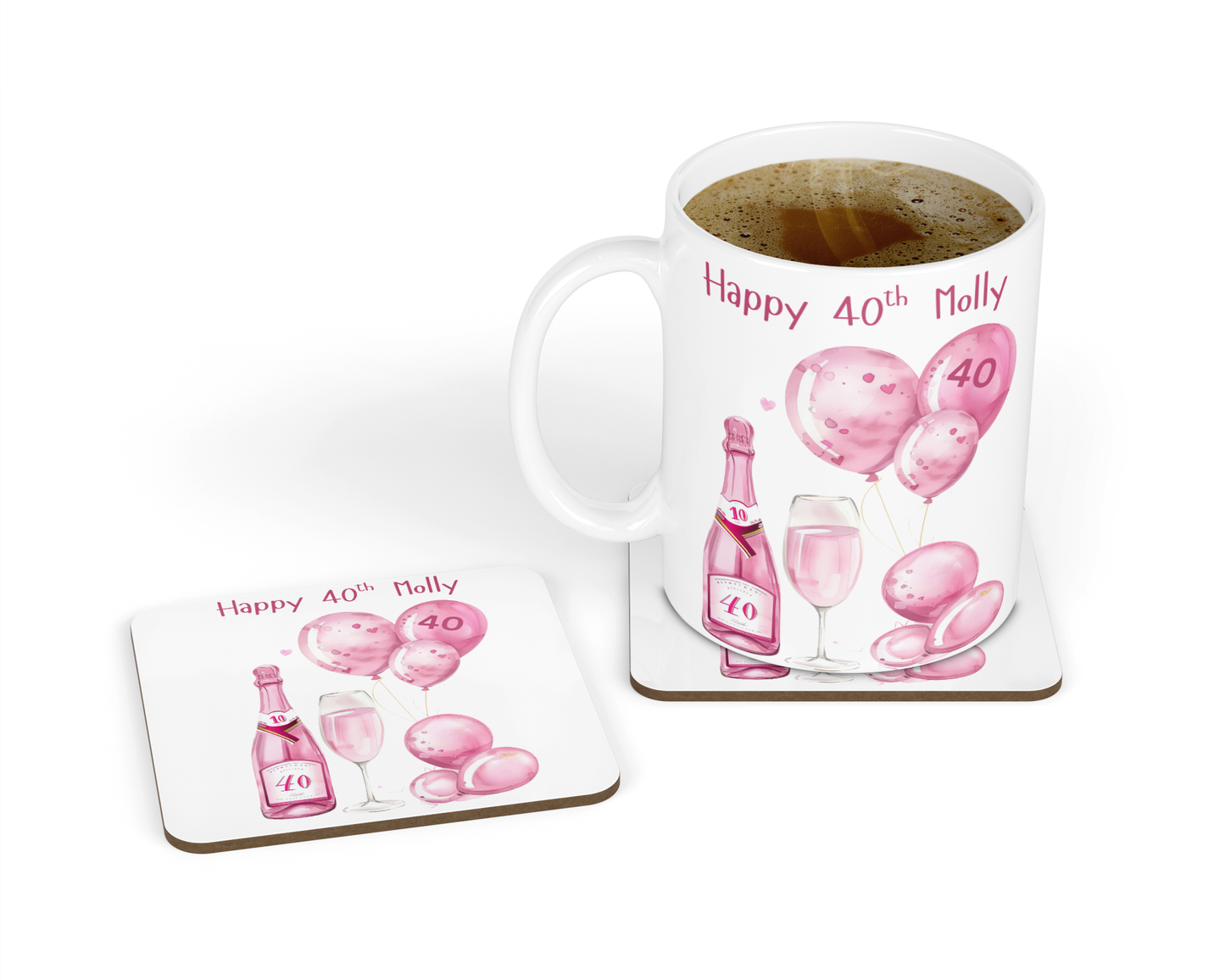 Personalised Mug & Coaster - 40th Birthday Pink Balloons Design