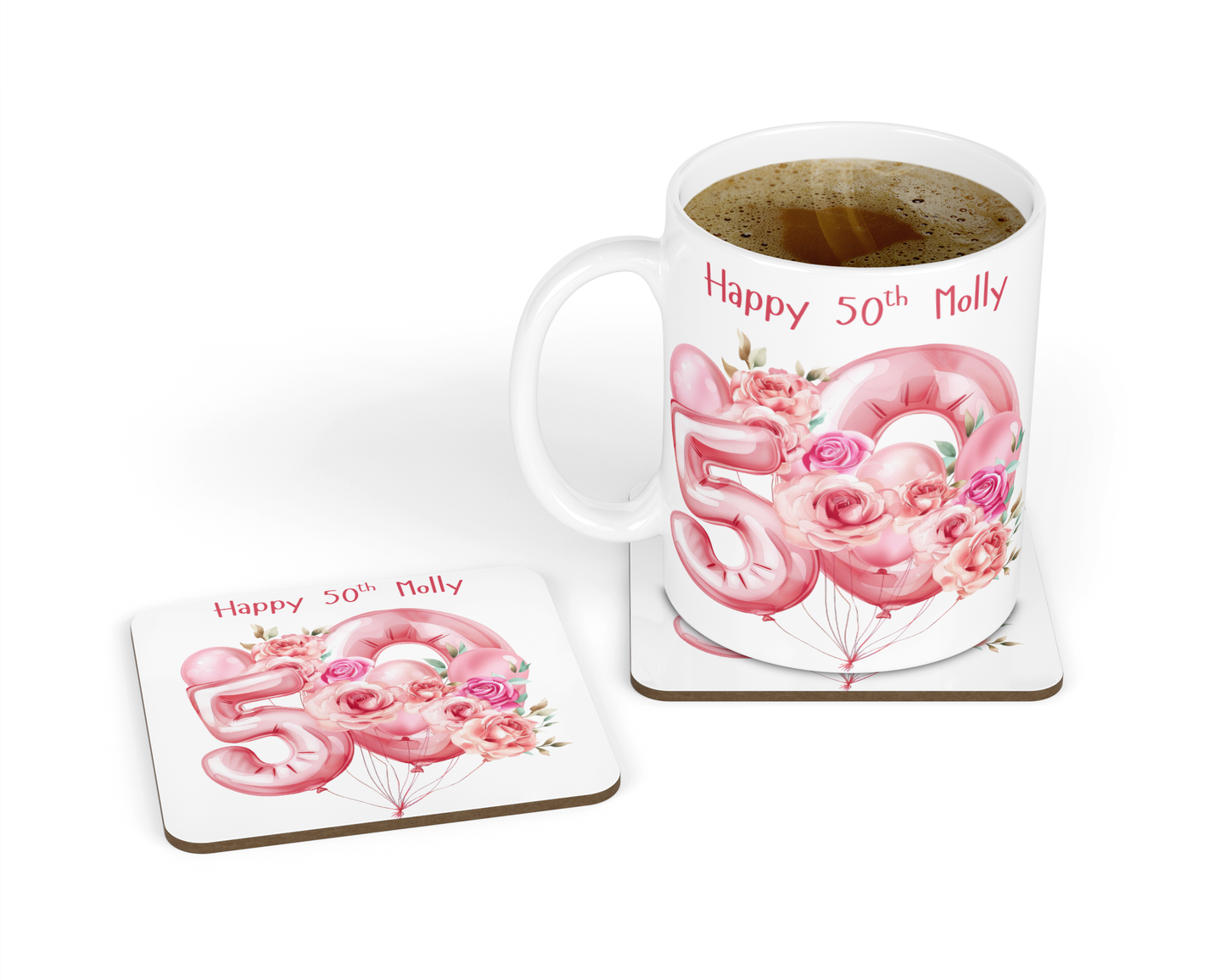 Personalised Mug & Coaster - 50th Birthday Pink Balloons Design