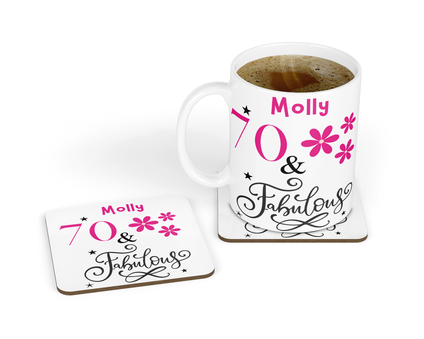 Personalised Mug & Coaster - Fabulous Pink Flowers Birthday Design