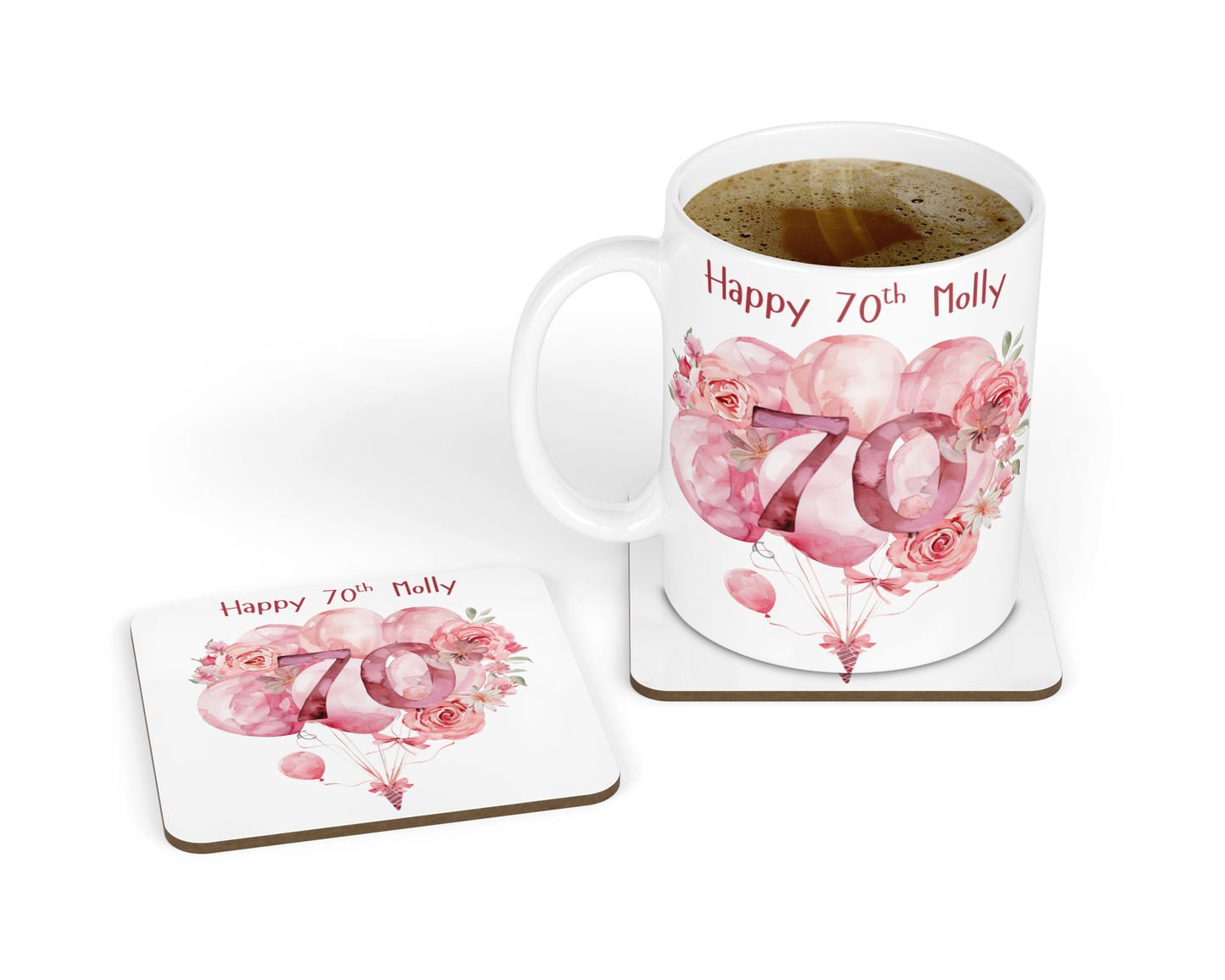 Personalised Mug & Coaster - 70th Birthday Pink Balloons Design