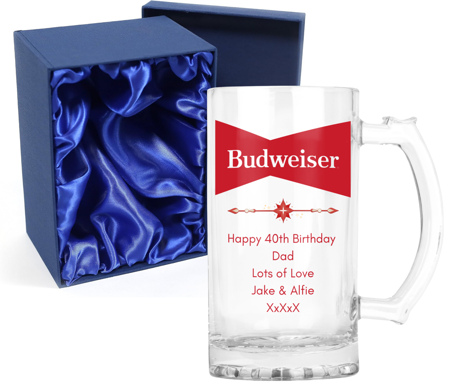 Personalised Glass Beer Tankard Mug - Budweiser Design