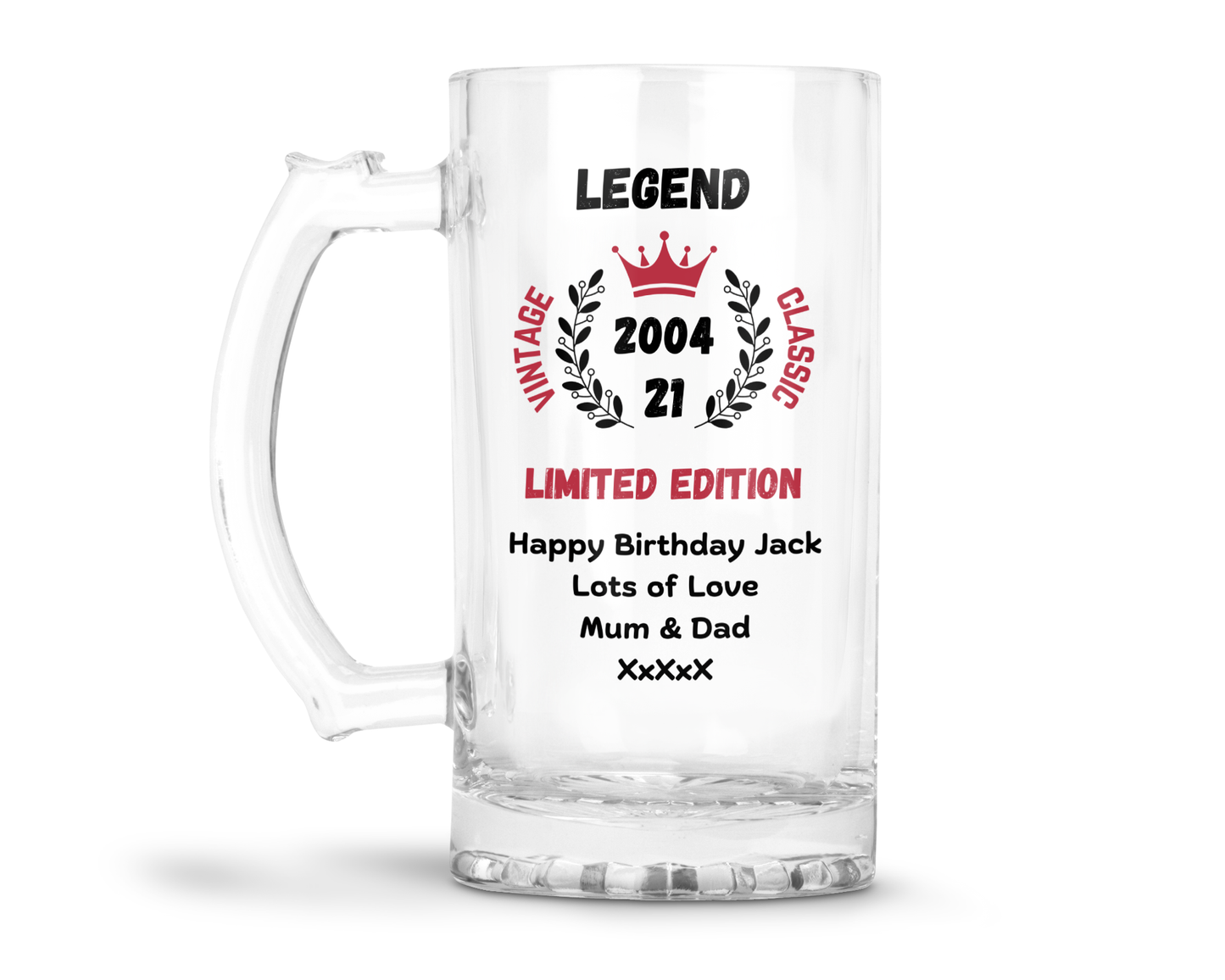 Personalised Clear Glass Tankard (0.8 Pint) - Legend Limited Edition Birthday Design