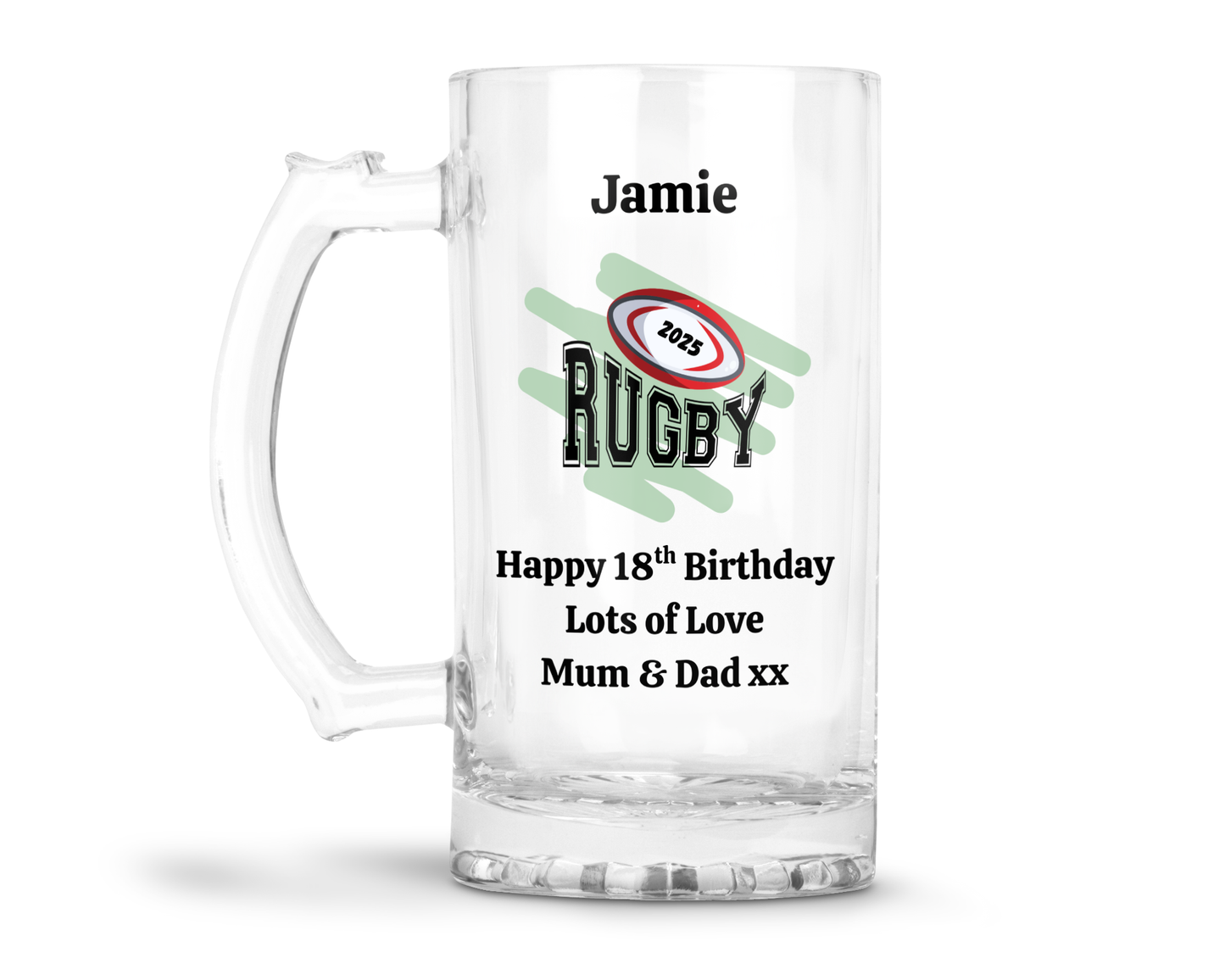 Personalised Clear Glass Tankard - Rugby 2025 Design
