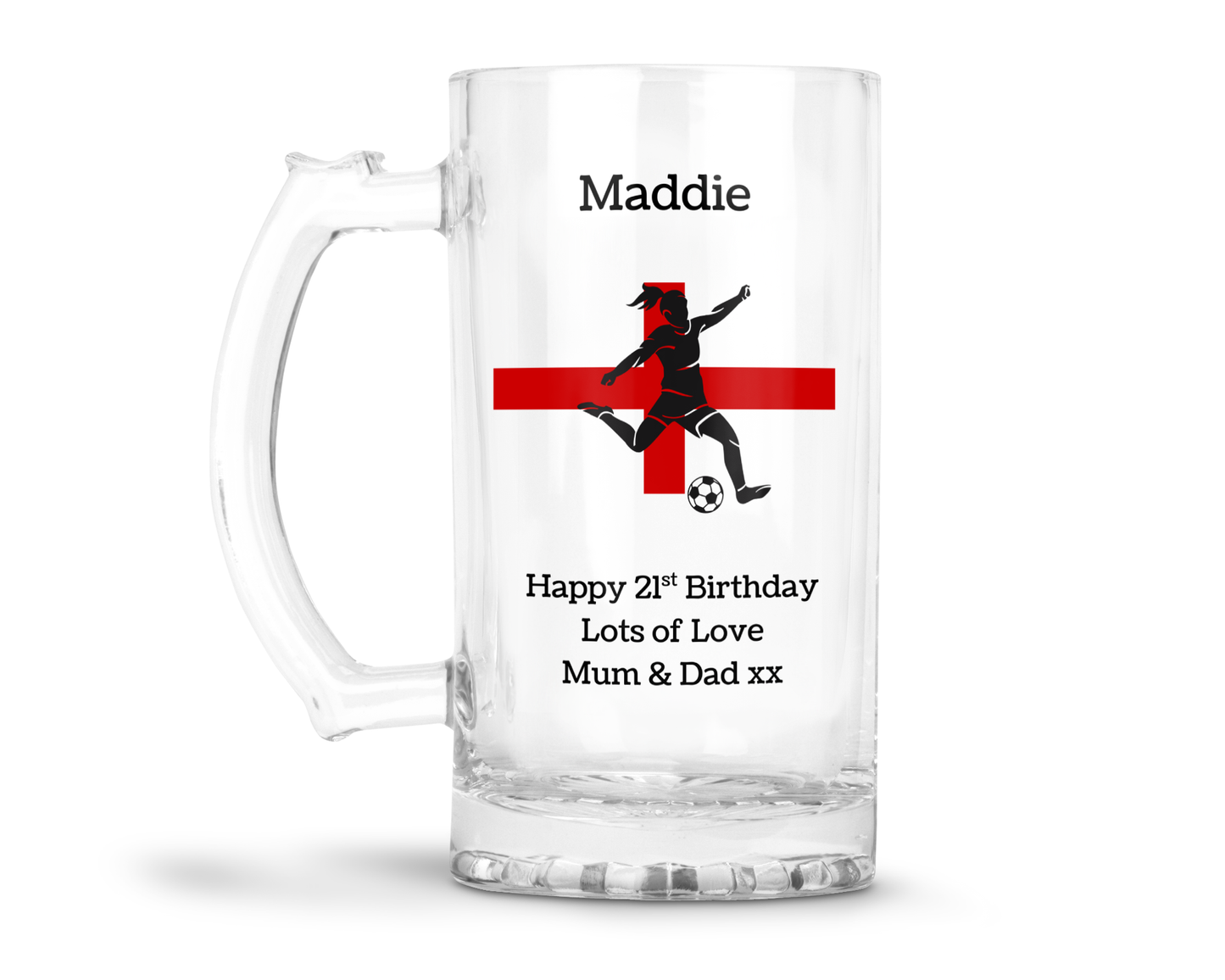 Personalised Clear Glass Tankard - England Women's Football Design