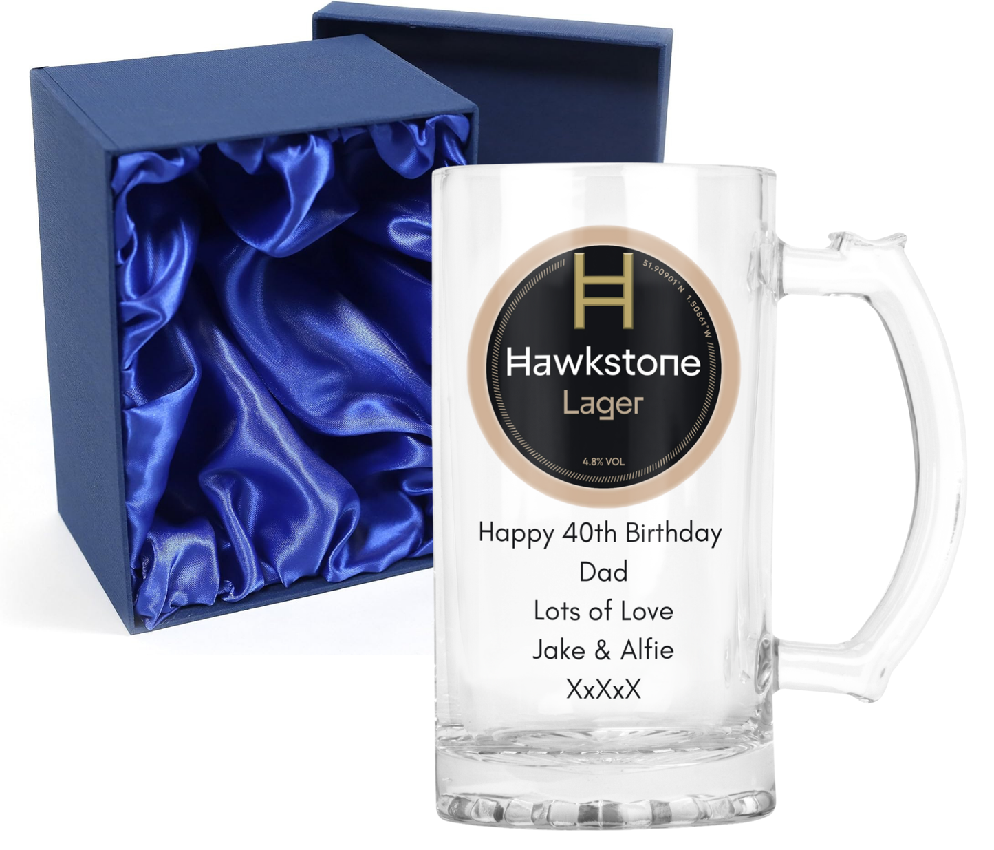 Personalised Glass Beer Tankard Mug - Hawkstone Lager Design