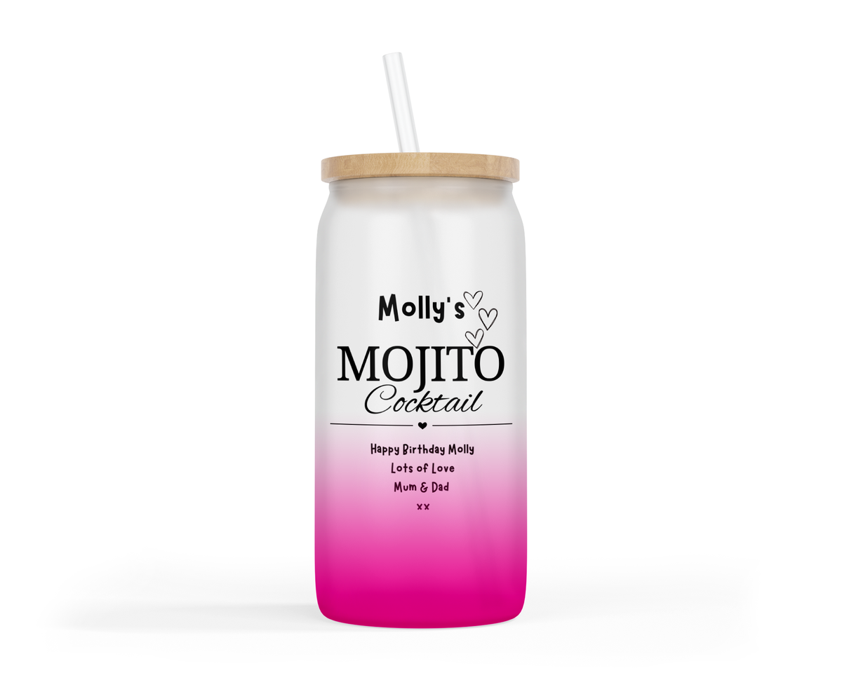 Personalised Mojito Design Pink Ombre Coloured Glass Tumbler & Cocktail Gummies