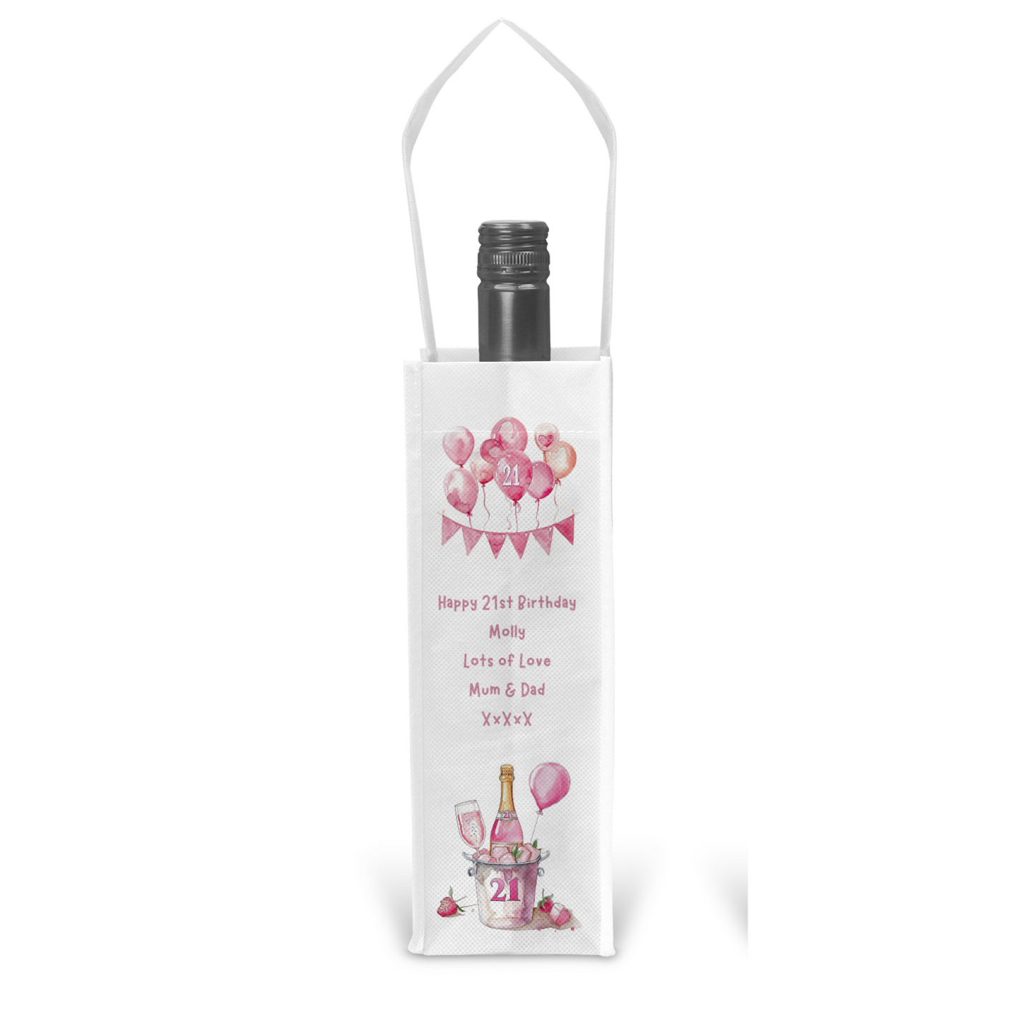 Personalised Bottle Gift Bag - 21st Birthday Champagne & Pink Balloons
