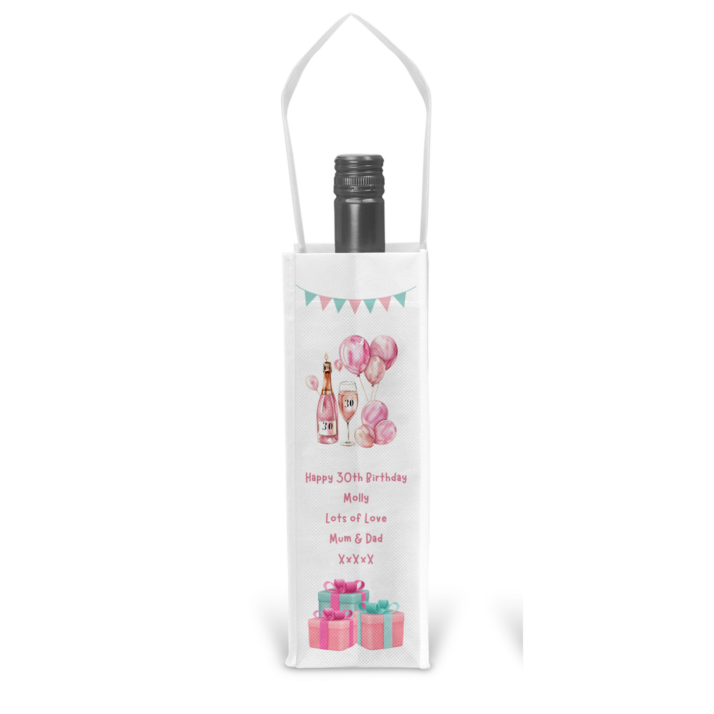 Personalised Bottle Gift Bag - 30th Birthday Pink Balloons Design