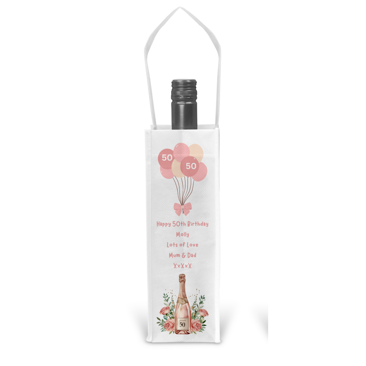 Personalised Bottle Gift Bag - 50th Birthday Champagne & Pink Balloons