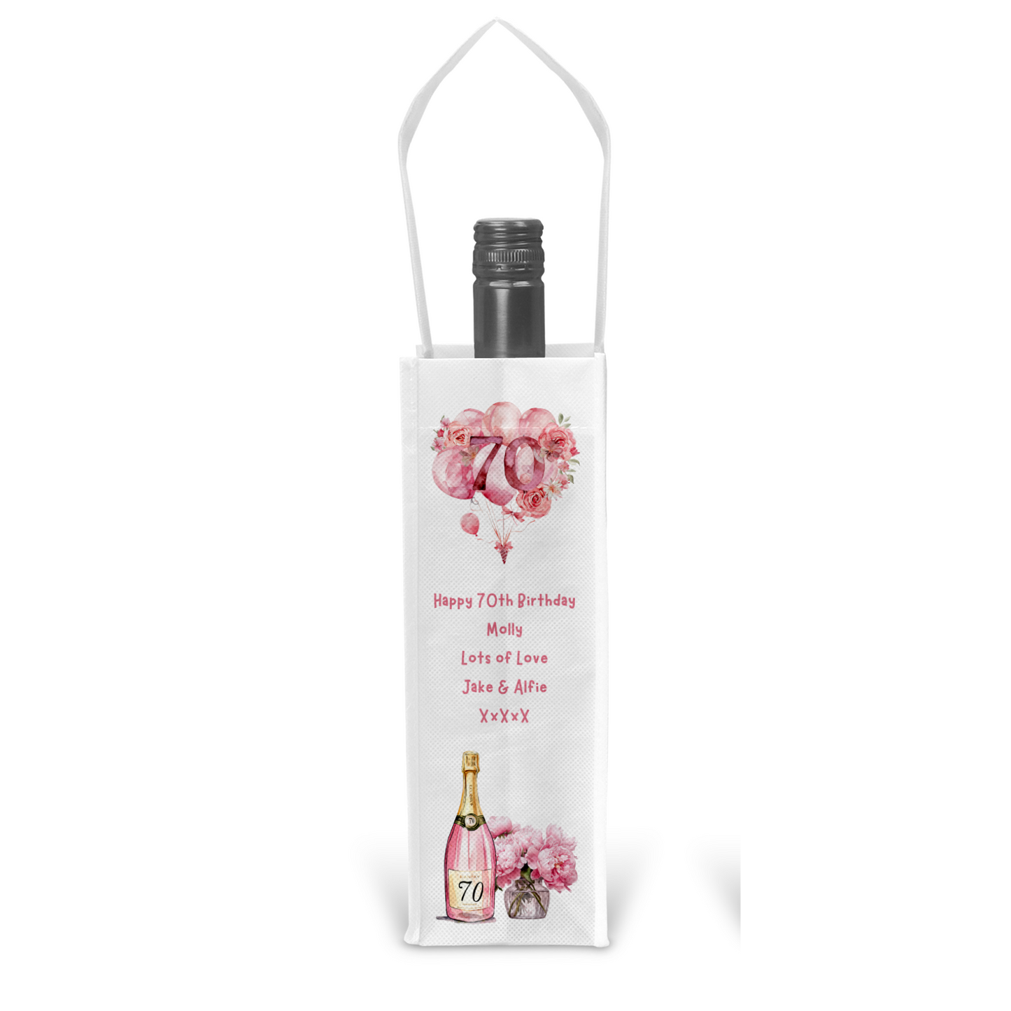 Personalised Bottle Gift Bag - 70th Birthday Champagne & Pink Balloons