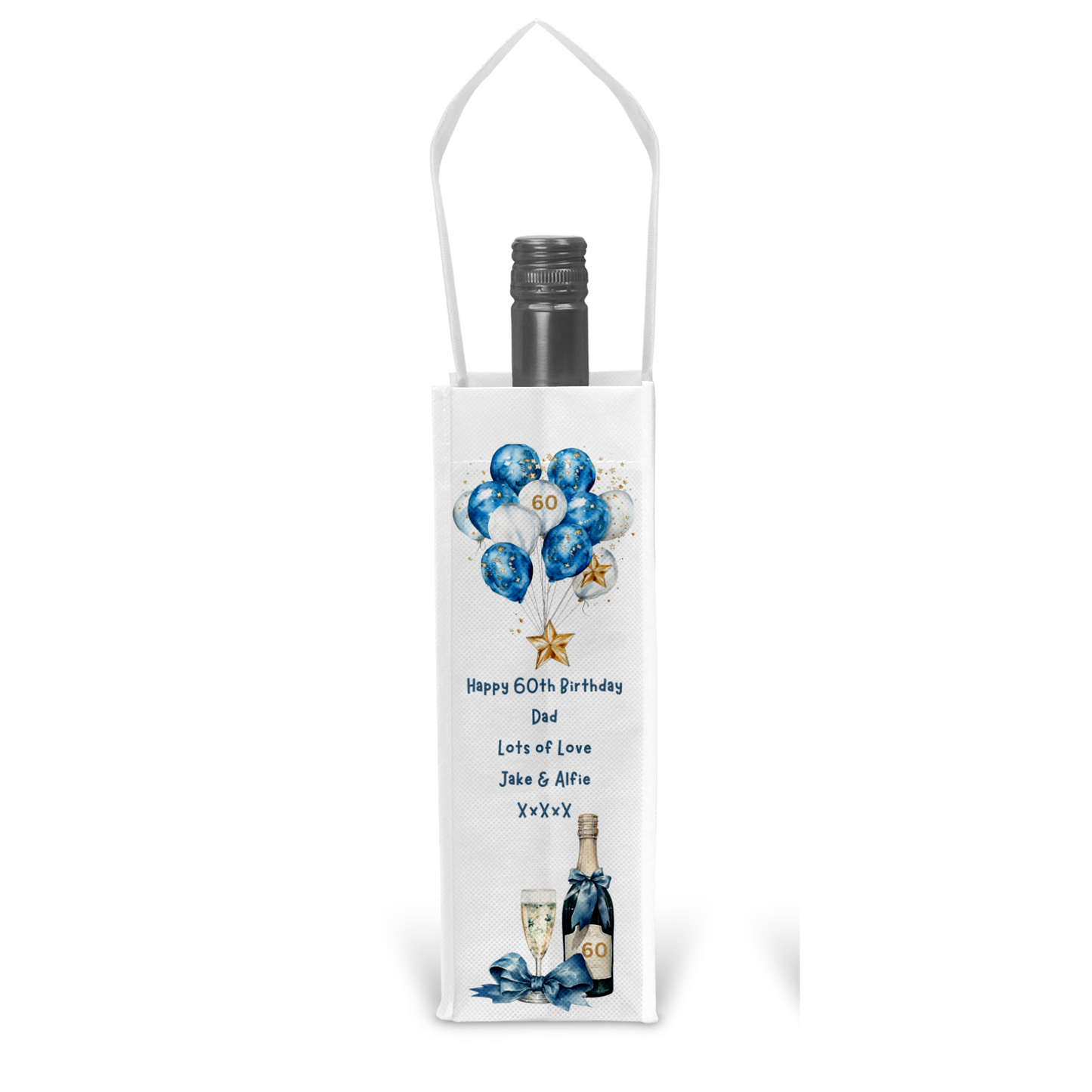 Personalised Bottle Gift Bag - Birthday Champagne & Blue Balloons