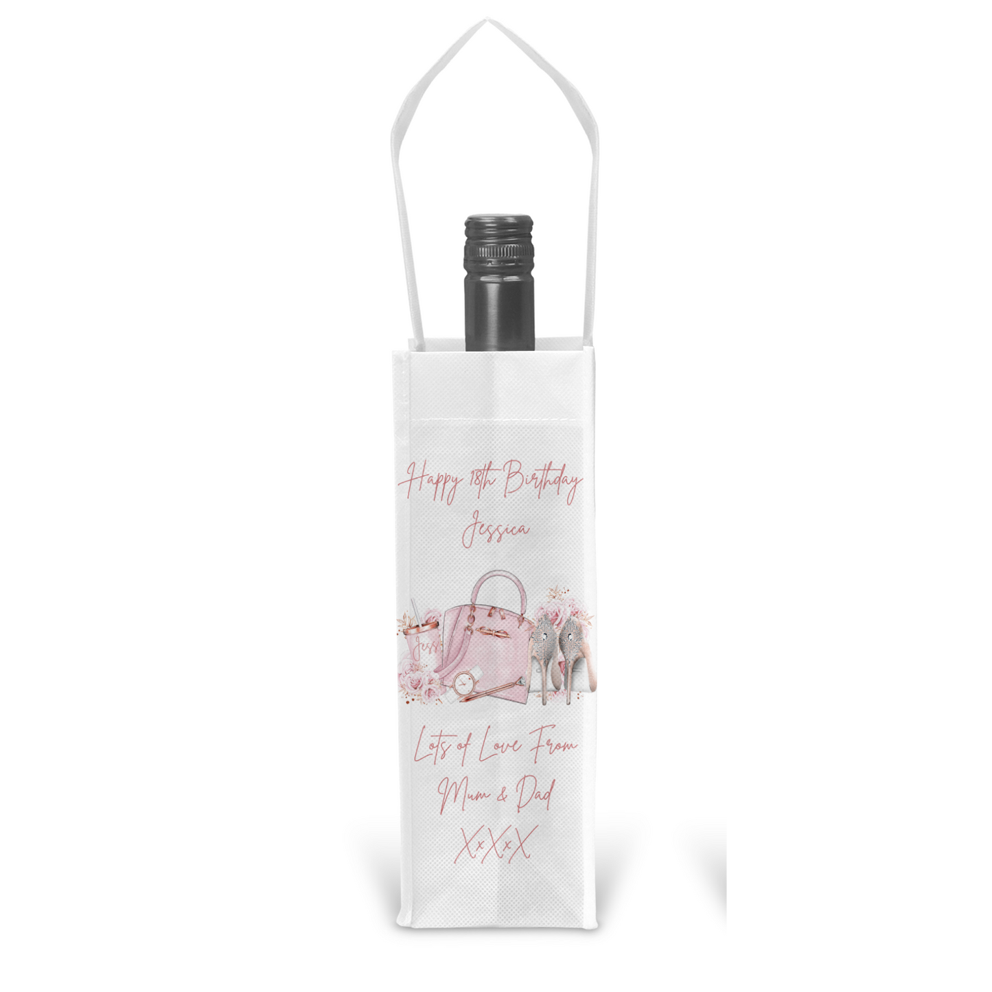 Personalised Bottle Gift Bag - Pink Shoes & Handbag Design