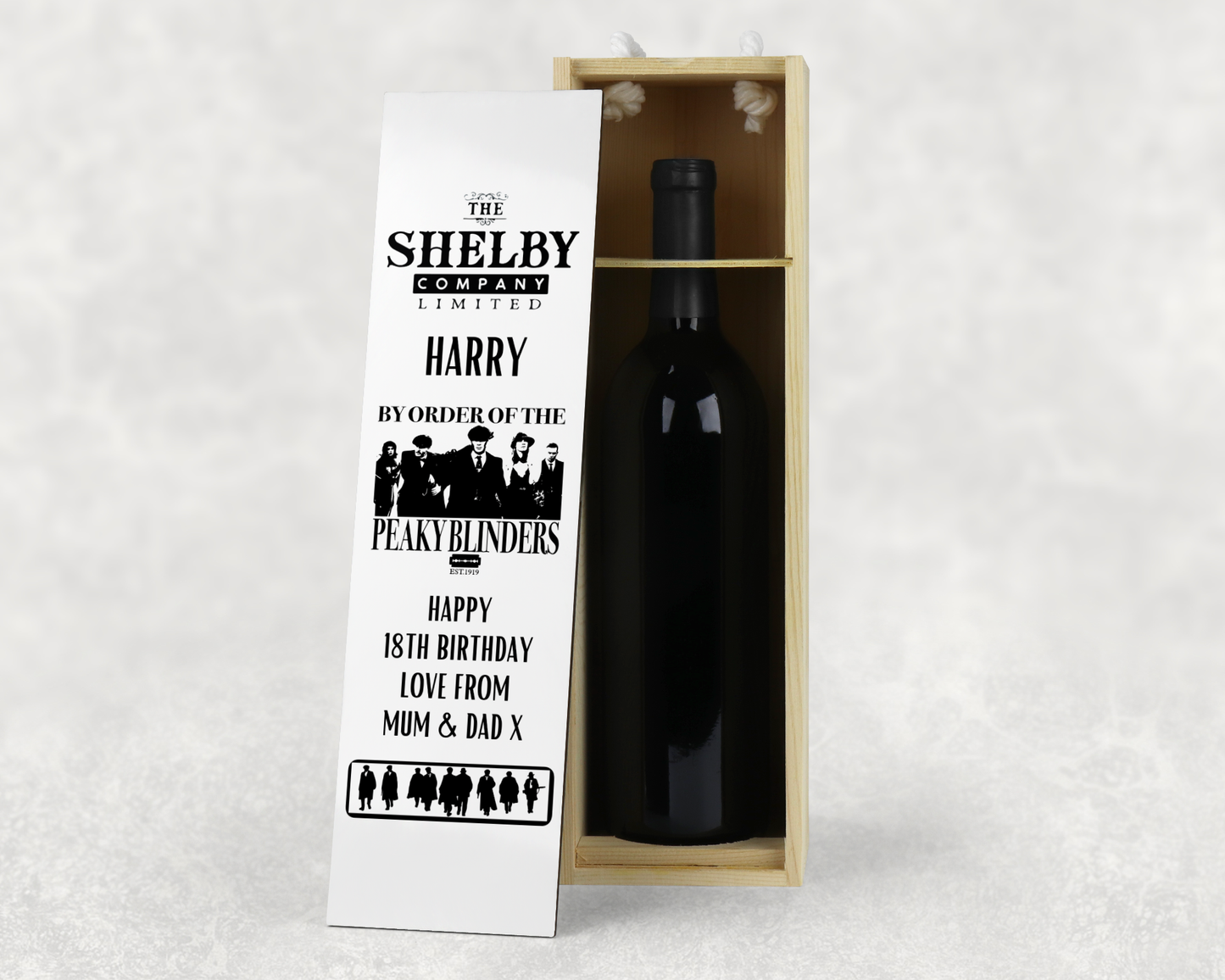 Personalised Wooden Wine Bottle Gift Box - Peaky Blinders Design