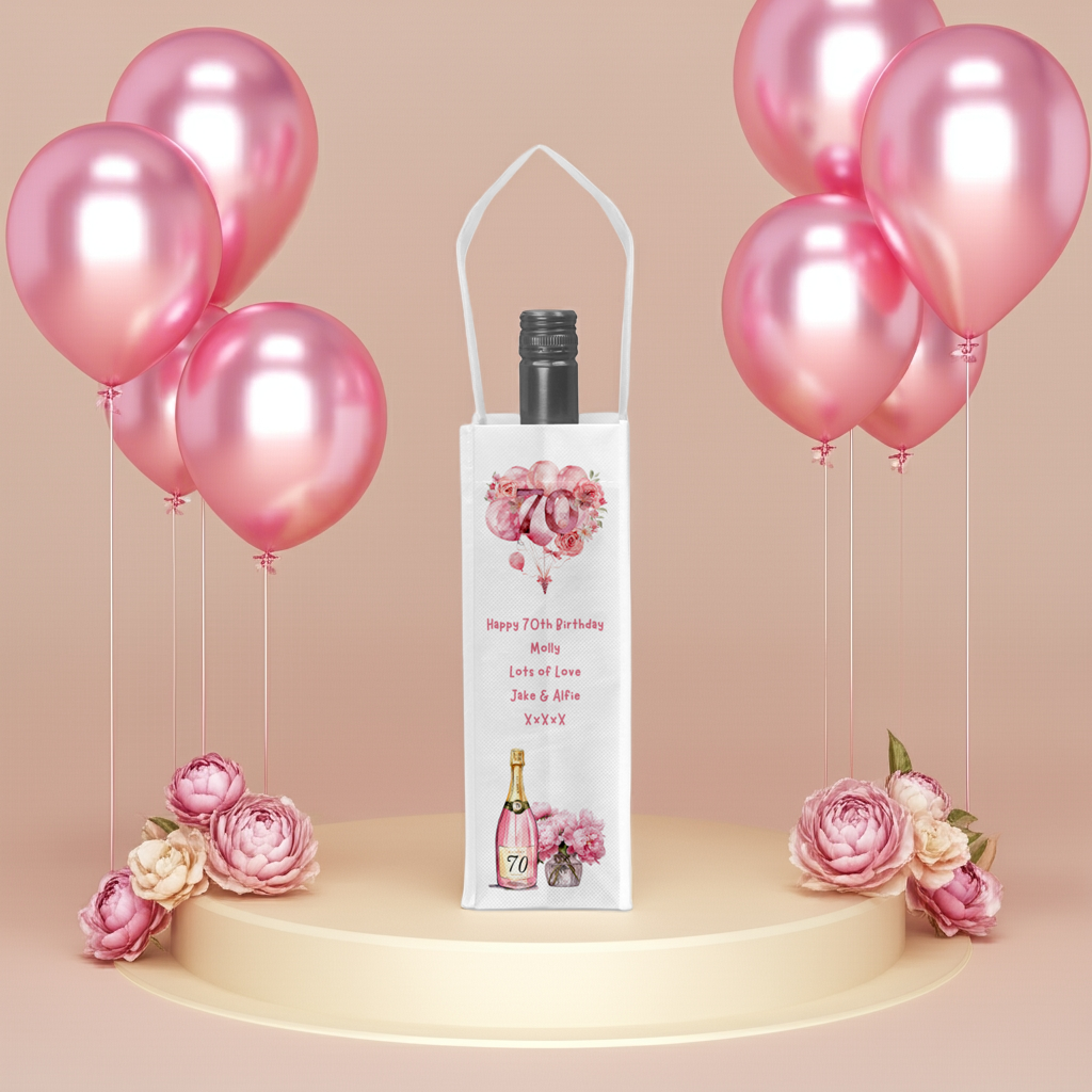 Personalised Bottle Gift Bag - 70th Birthday Champagne & Pink Balloons