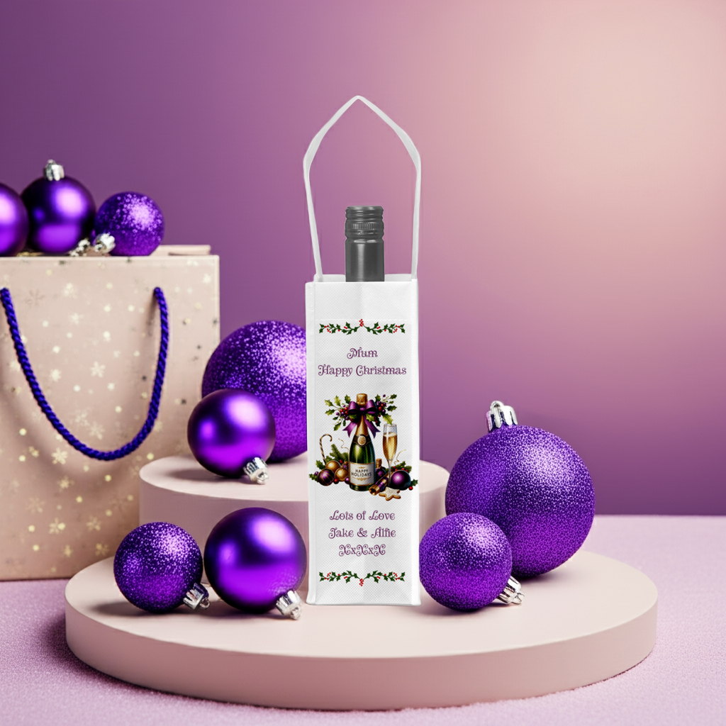 Personalised Bottle Gift Bag - Christmas Champagne Purple
