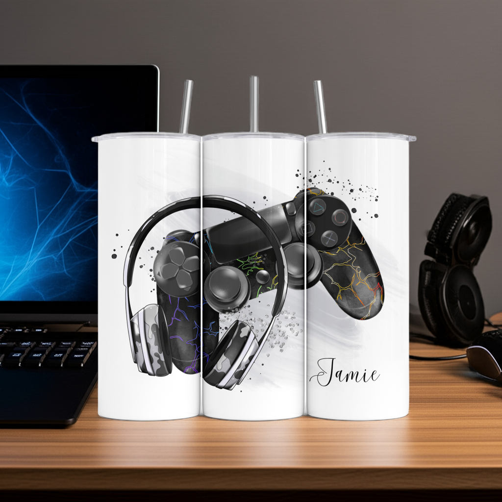 Personalised Tumbler Travel Sports Bottle - Black Gaming Controller Design
