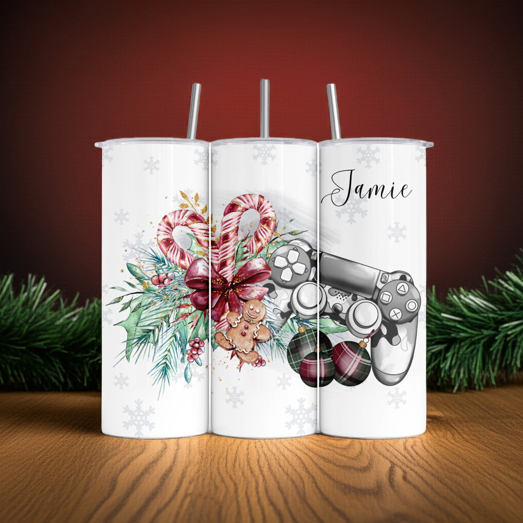Personalised Tumbler Travel Sports Bottle - Christmas Gaming Red Design