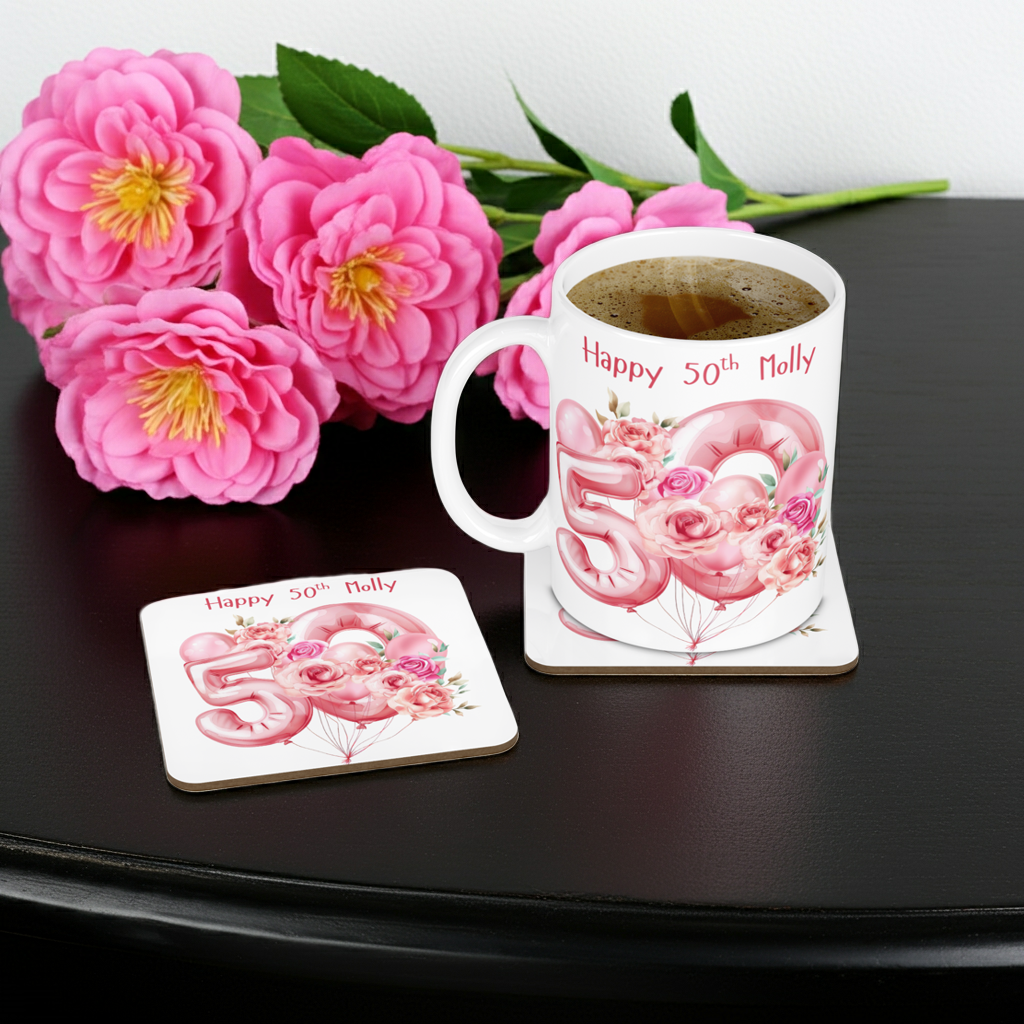 Personalised Mug & Coaster - 50th Birthday Pink Balloons Design