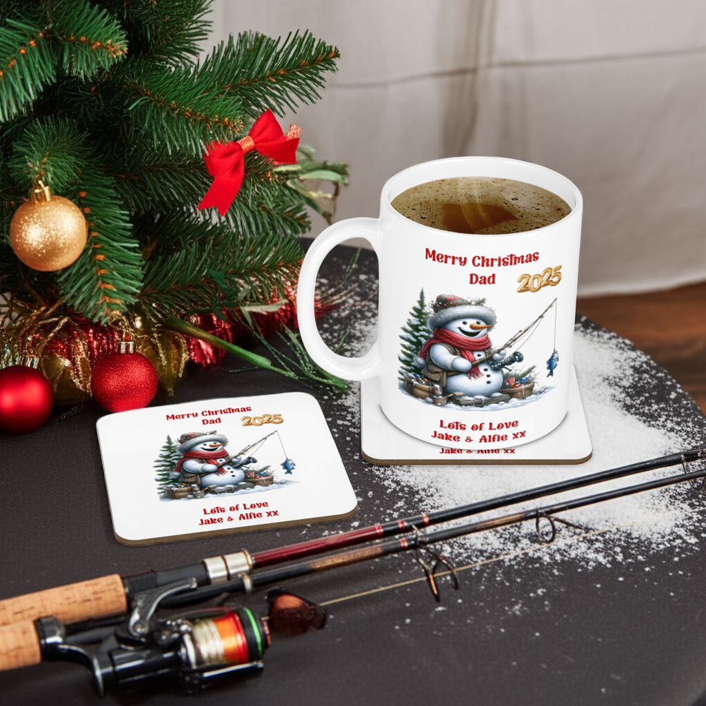 Personalised Mug & Coaster - Christmas Fishing Design