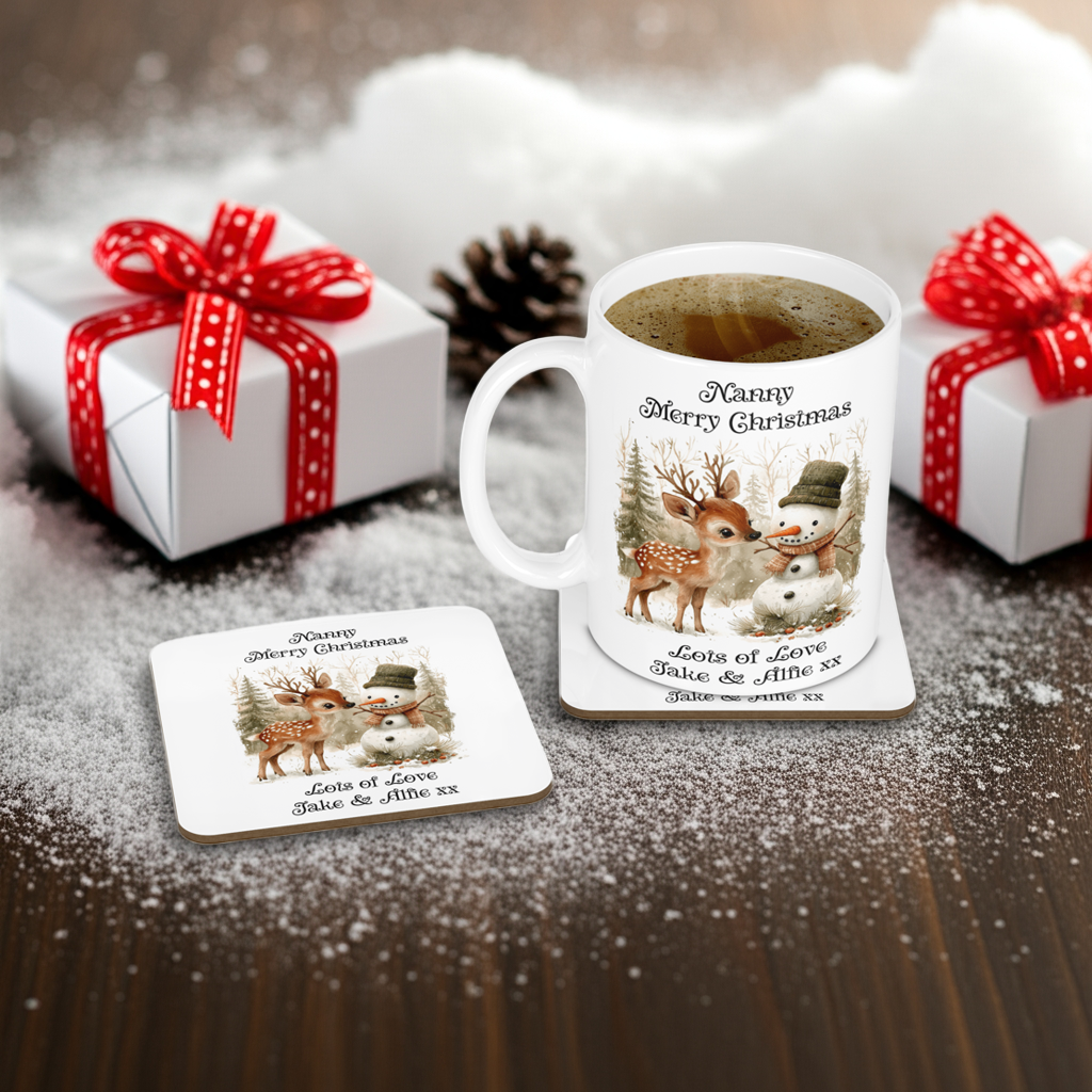 Personalised Mug & Coaster - Christmas Snowman & Deer Design