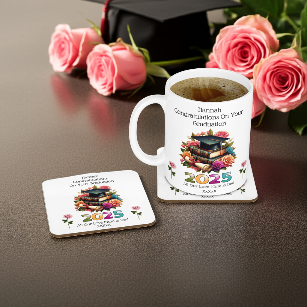 Personalised Mug & Coaster - Graduation Roses Design