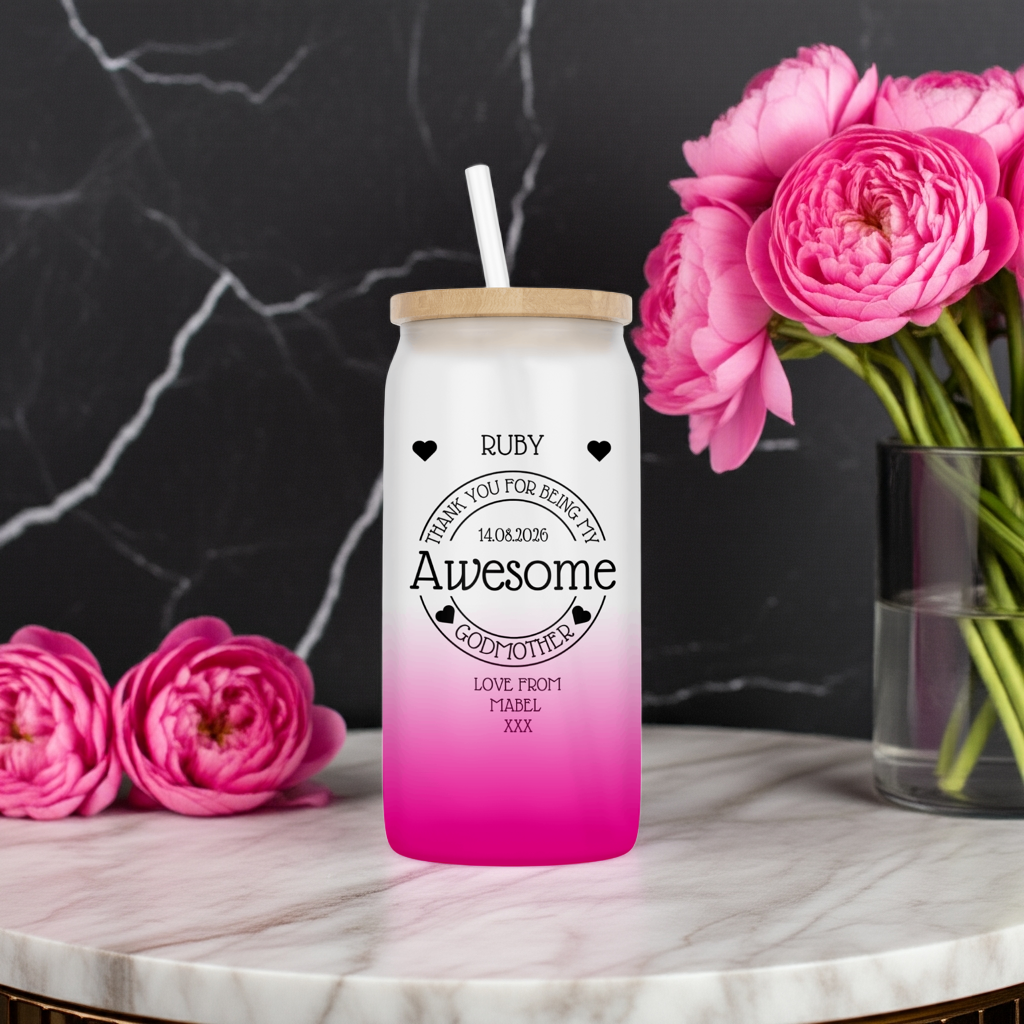 Personalised Pink Ombre Coloured Glass Tumbler - Awesome Godmother