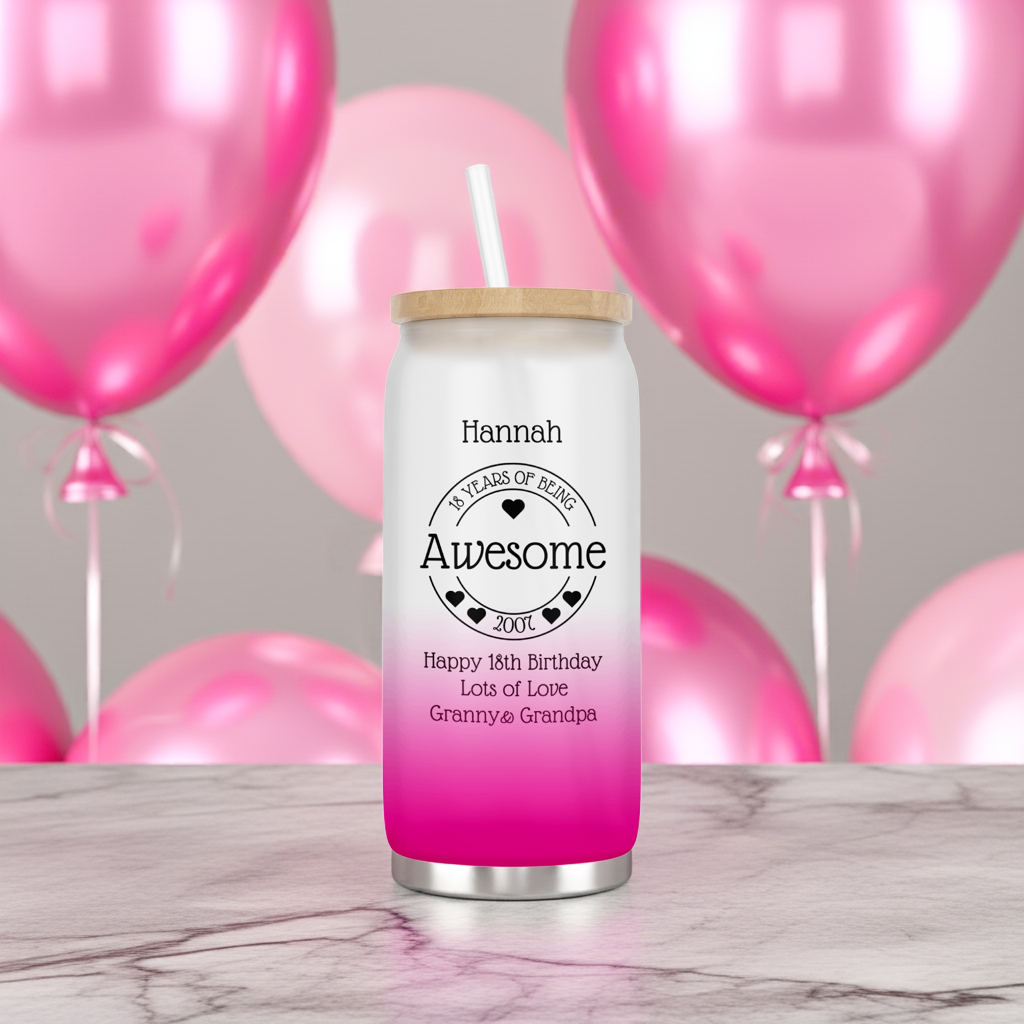 Personalised Pink Ombre Coloured Glass Tumbler - Awesome Hearts Birthday