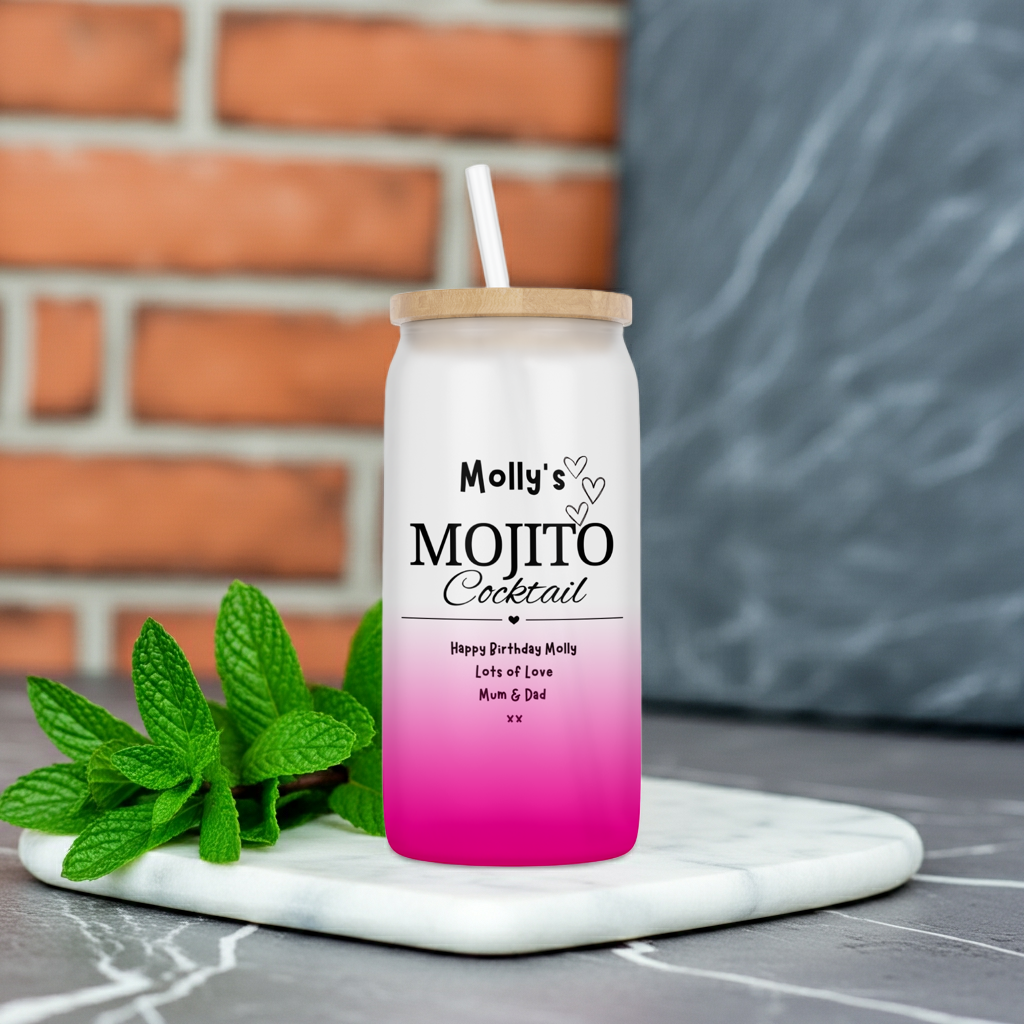 Personalised Pink Ombre Coloured Glass Tumbler - Mojito Design