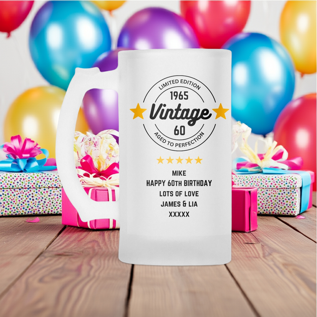Personalised Frosted Glass Tankard (0.8 Pint) - Vintage Birthday Design