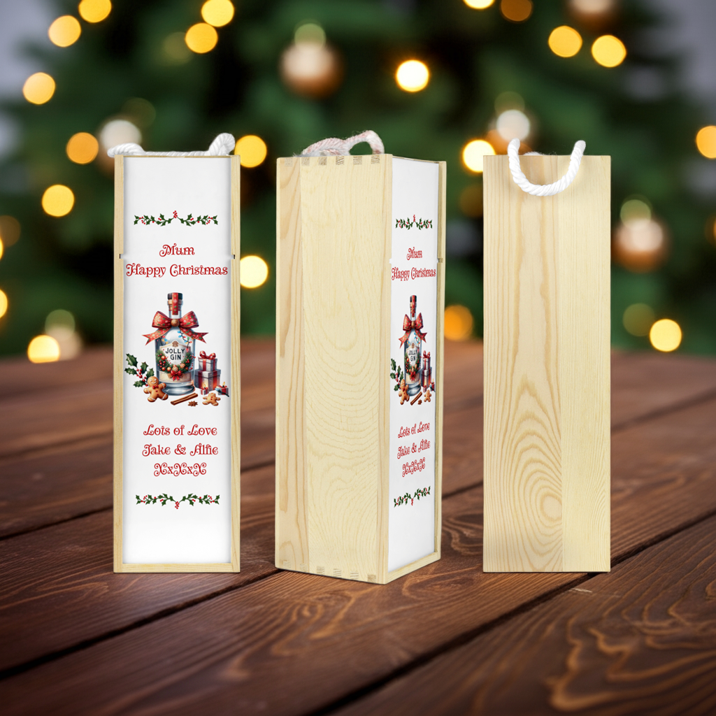 Personalised Wooden Bottle Gift Box - Christmas Gin Design