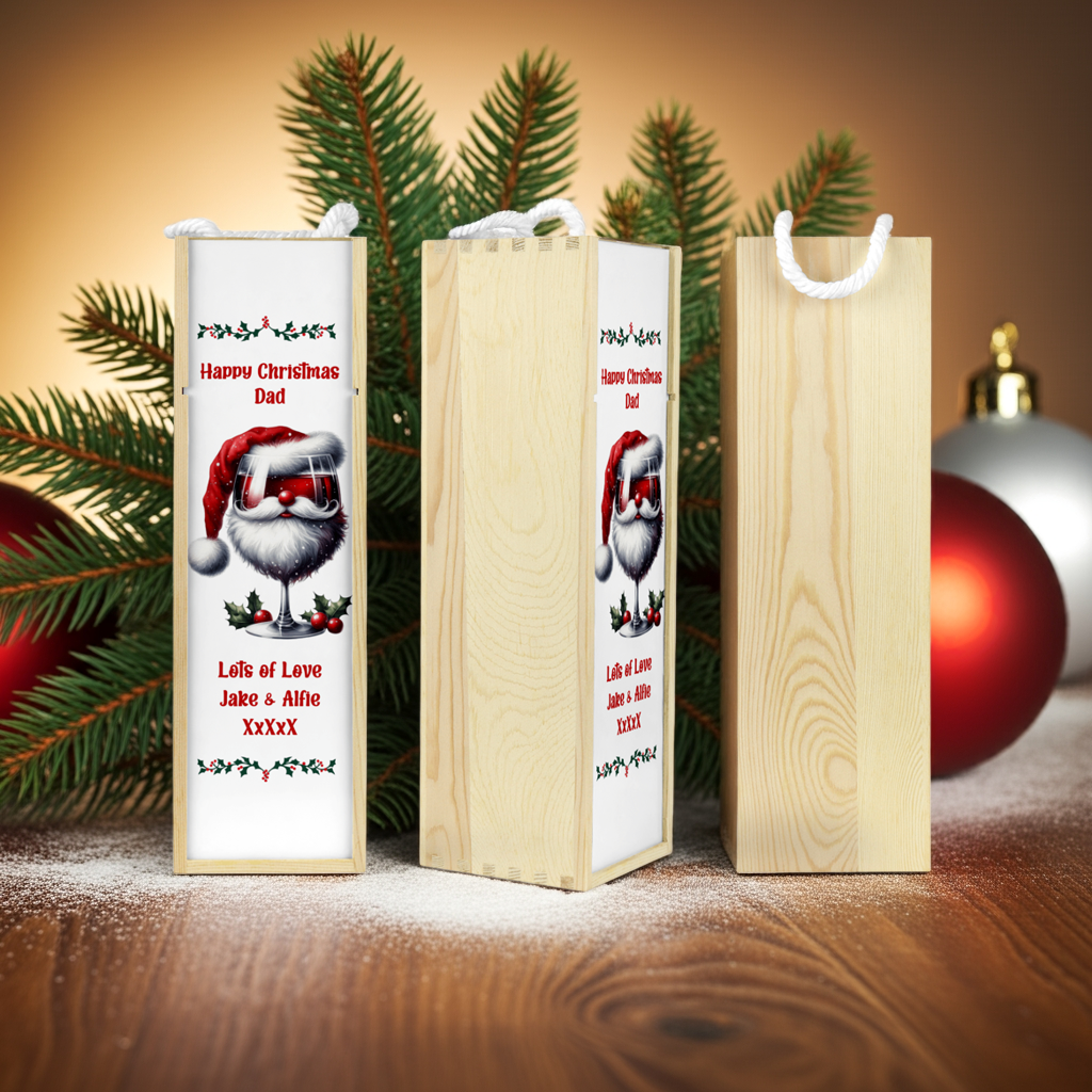 Personalised Wooden Bottle Gift Box - Christmas Red Wine Design