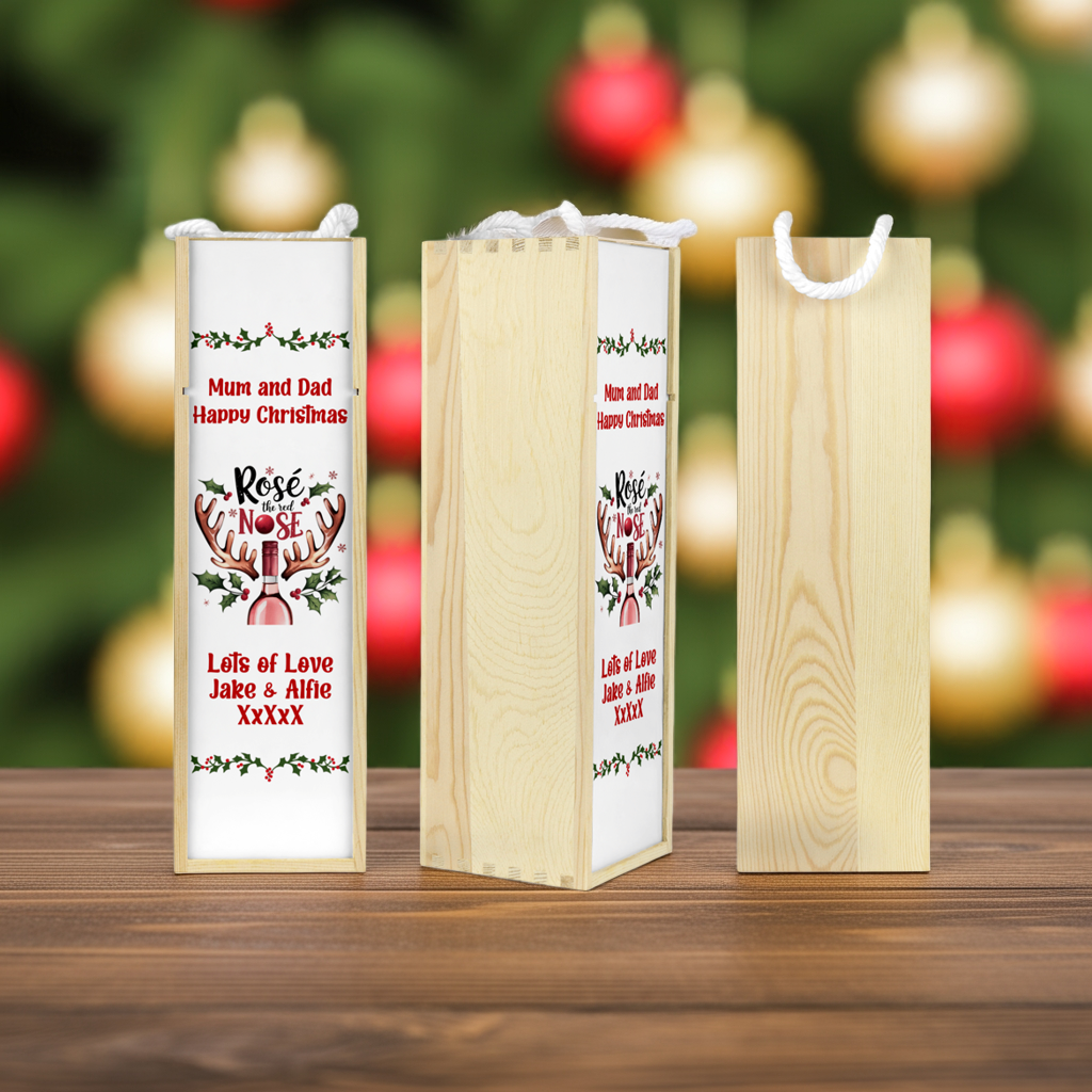 Personalised Wooden Bottle Gift Box - Christmas Rose Wine Design
