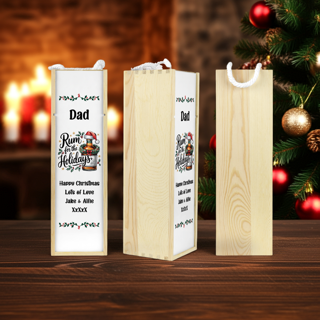 Personalised Wooden Bottle Gift Box - Christmas Rum Design