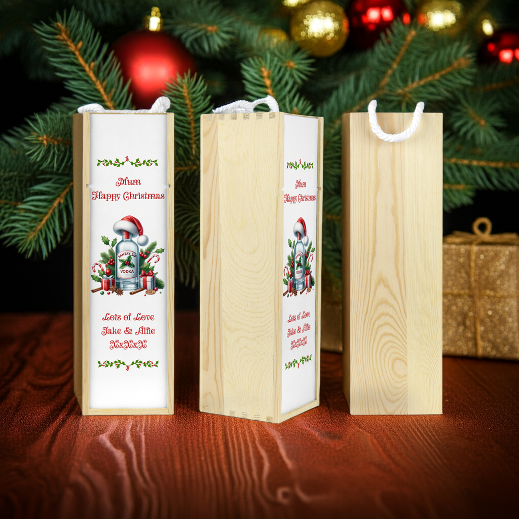 Personalised Wooden Bottle Gift Box - Christmas Vodka Design