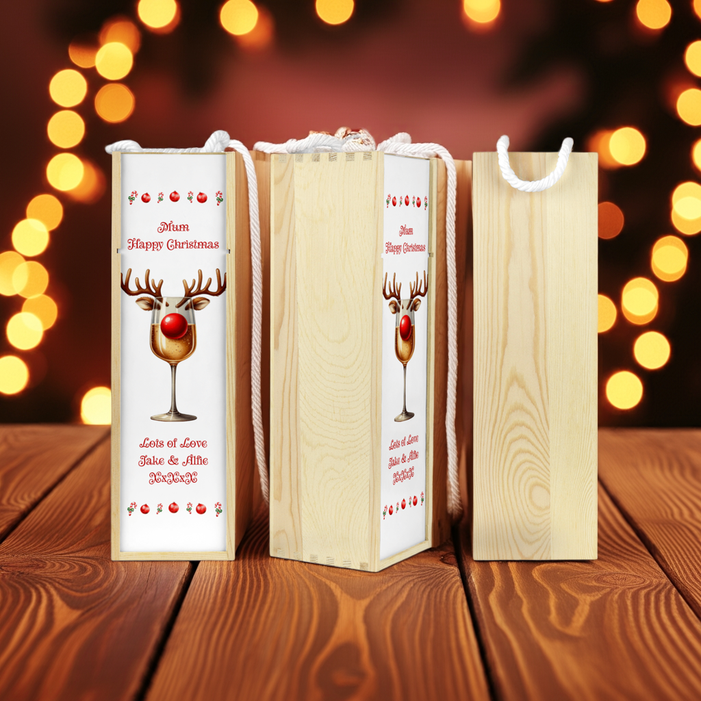 Personalised Wooden Bottle Gift Box - Christmas White Wine Design