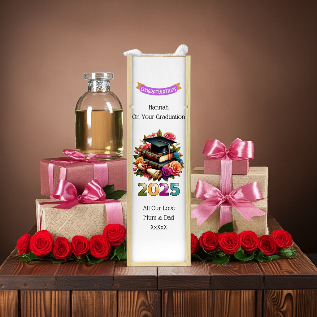 Personalised Wooden Bottle Gift Box - Graduation Roses Design