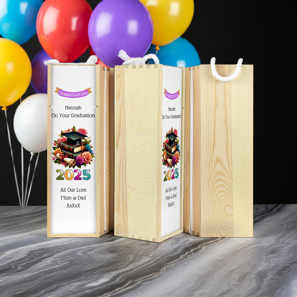Personalised Wooden Bottle Gift Box - Graduation Roses Design