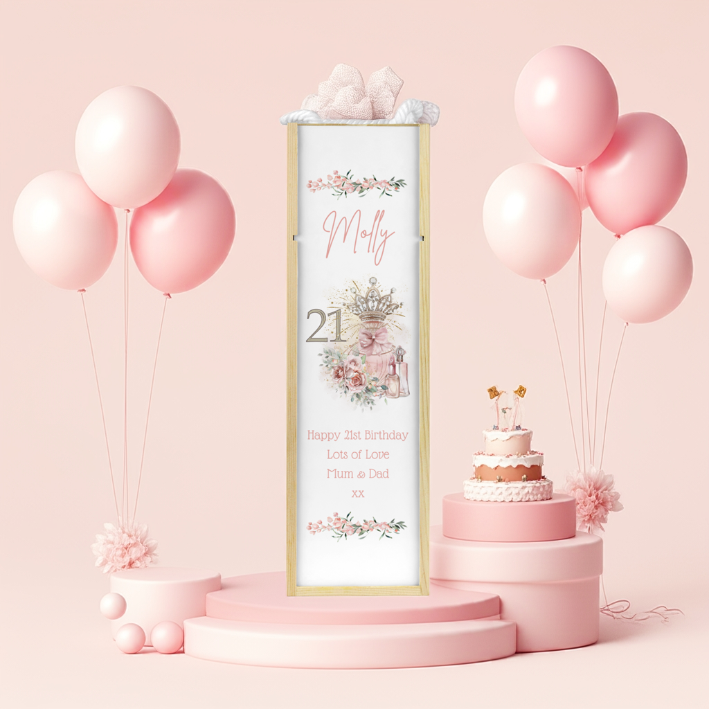 Personalised Wooden Wine Bottle Gift Box - 21st Birthday Crown Design