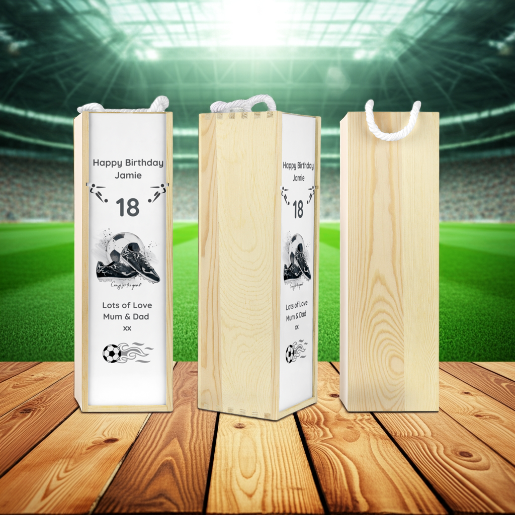 Personalised Wooden Wine Bottle Gift Box - Football Crazy Design