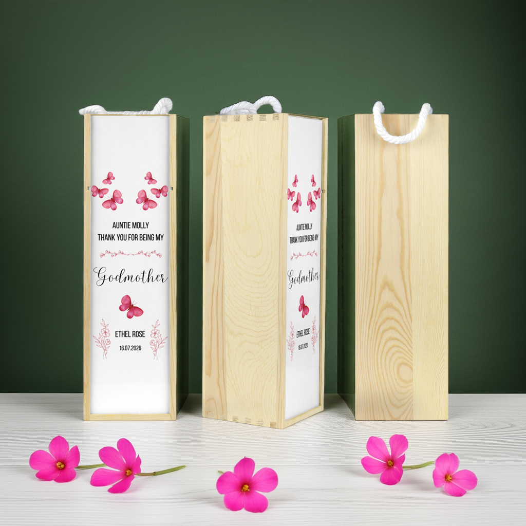 Personalised Wooden Wine Bottle Gift Box - Thank You Godmother Design