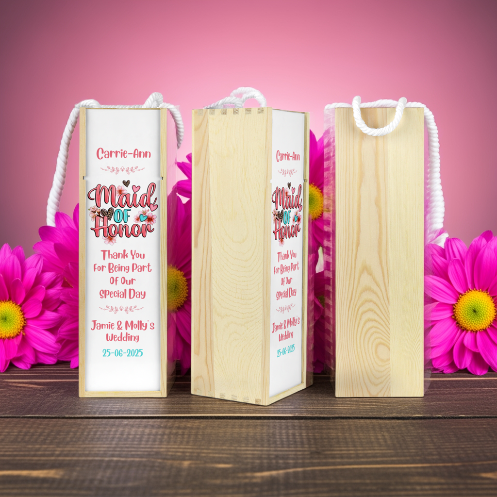 Personalised Wooden Wine Bottle Gift Box - Maid of Honor Design