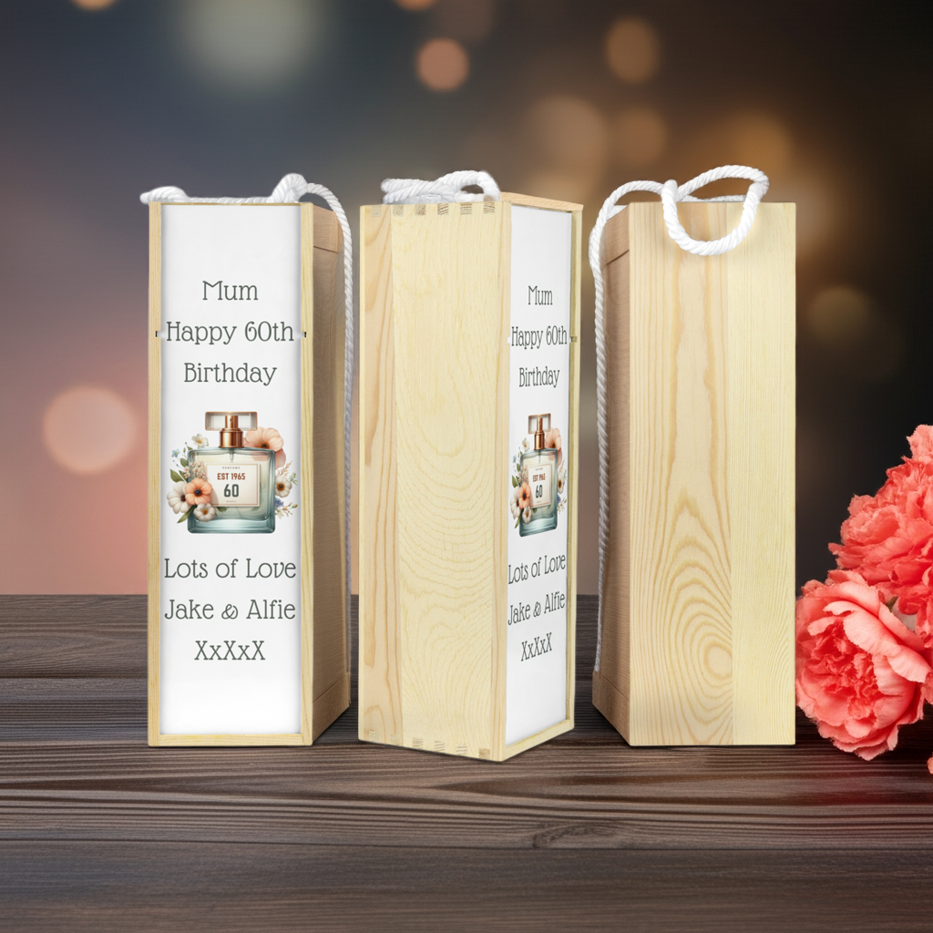 Personalised Wooden Wine Bottle Gift Box - Perfume Birthday Design